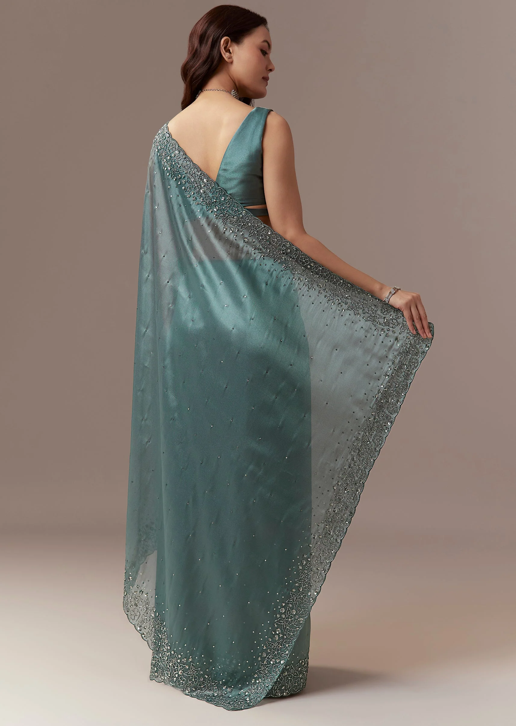 Dusky Teal Tissue Saree With Cutdana And Sequin Embroidery - Image 4