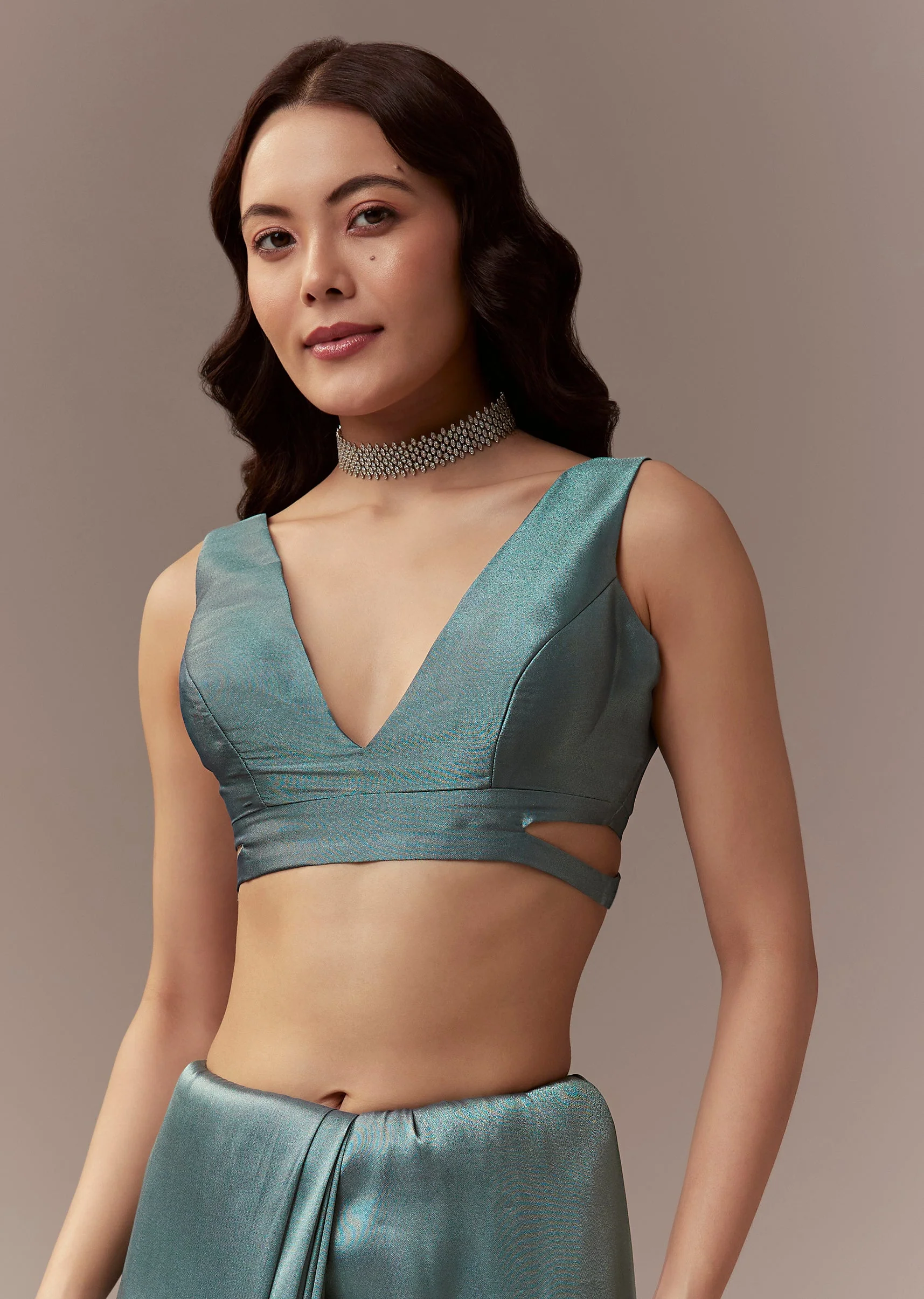 Dusky Teal Tissue Saree With Cutdana And Sequin Embroidery - Image 7