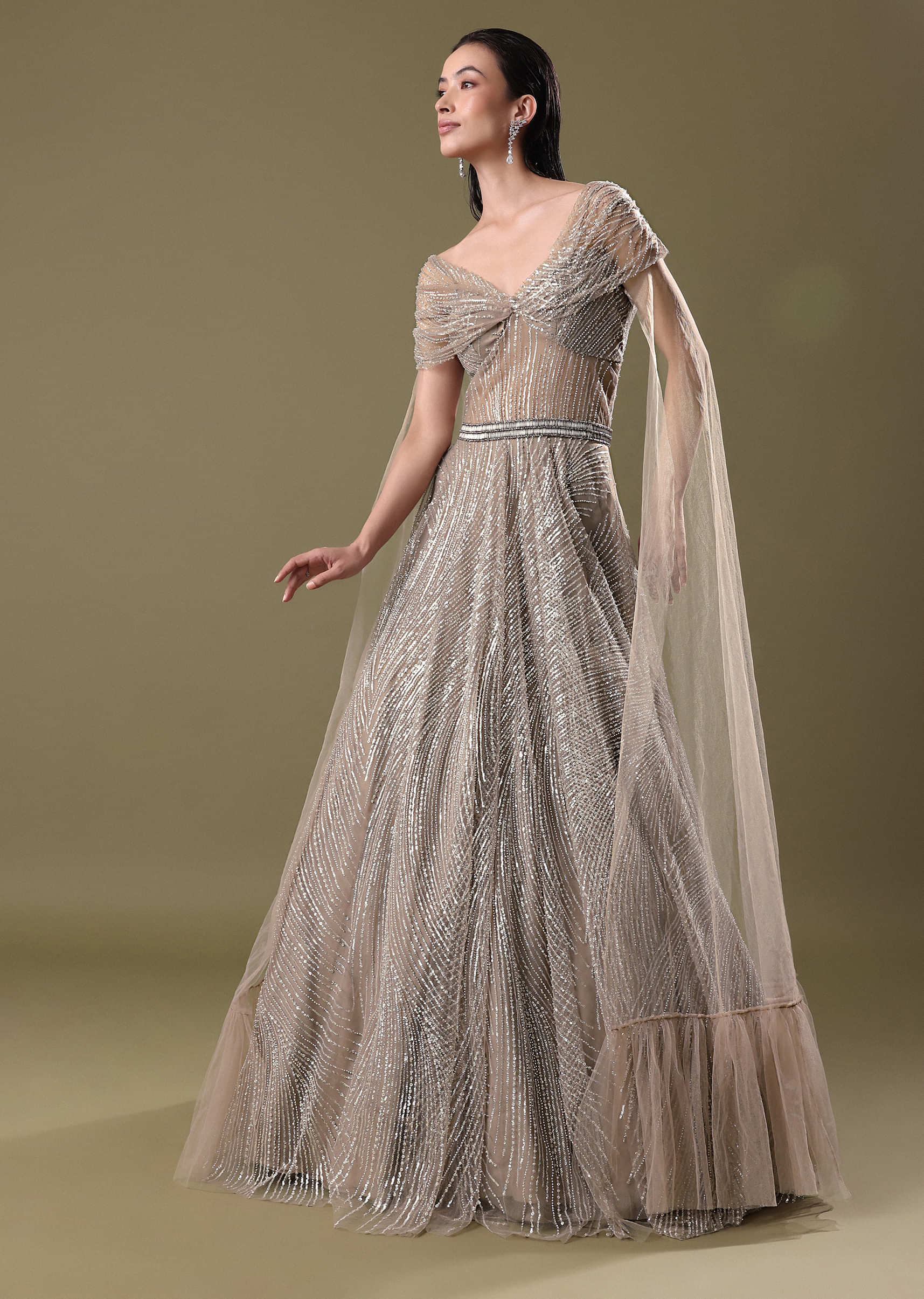 Dusty Beige Embroidered Gown With Cowl Sleeves And Wings - Image 2