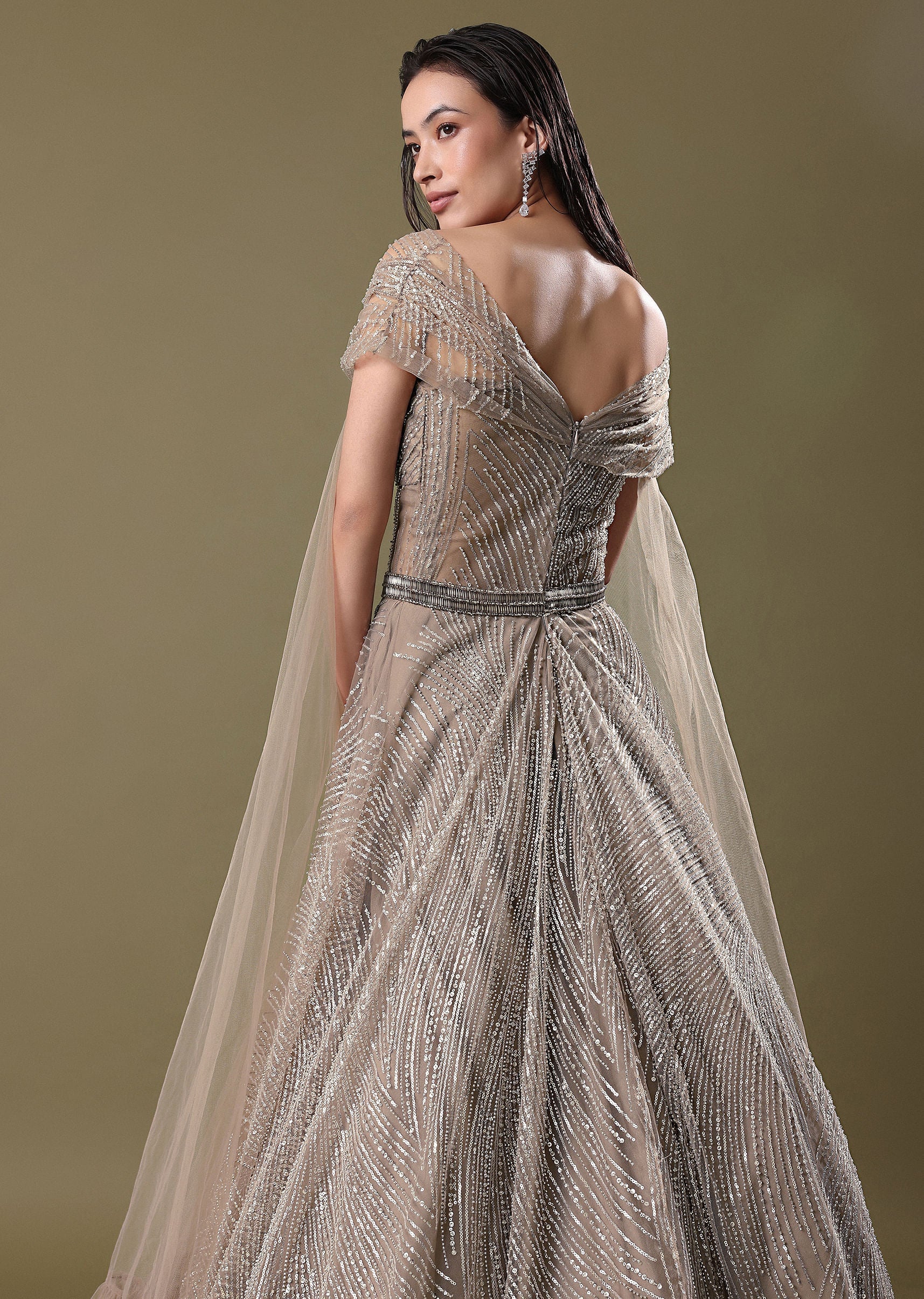 Dusty Beige Embroidered Gown With Cowl Sleeves And Wings - Image 3