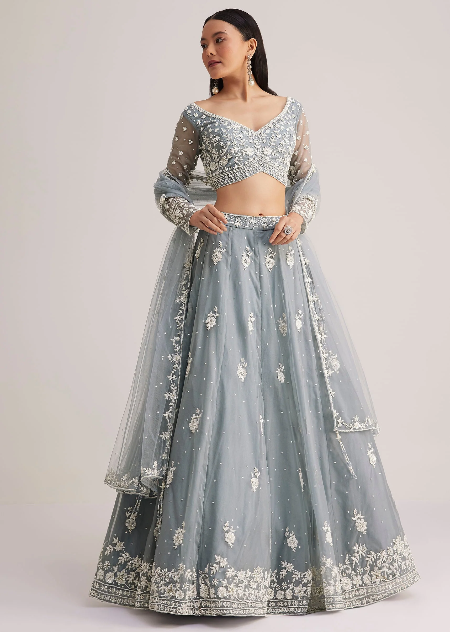 Dusty Blue Embroidered Lehenga Set With Sheer Dupatta - Image 2