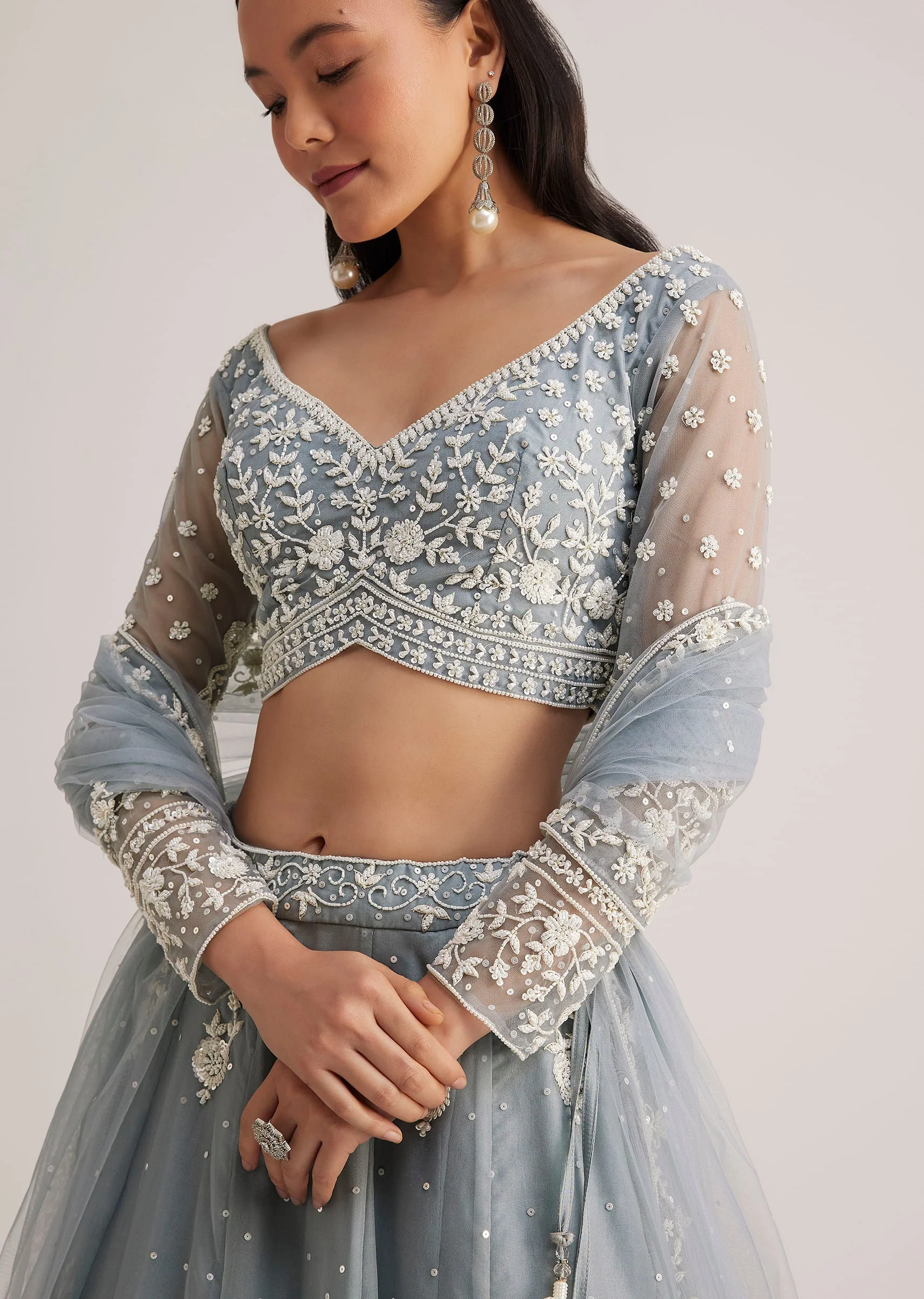 Dusty Blue Embroidered Lehenga Set With Sheer Dupatta - Image 3