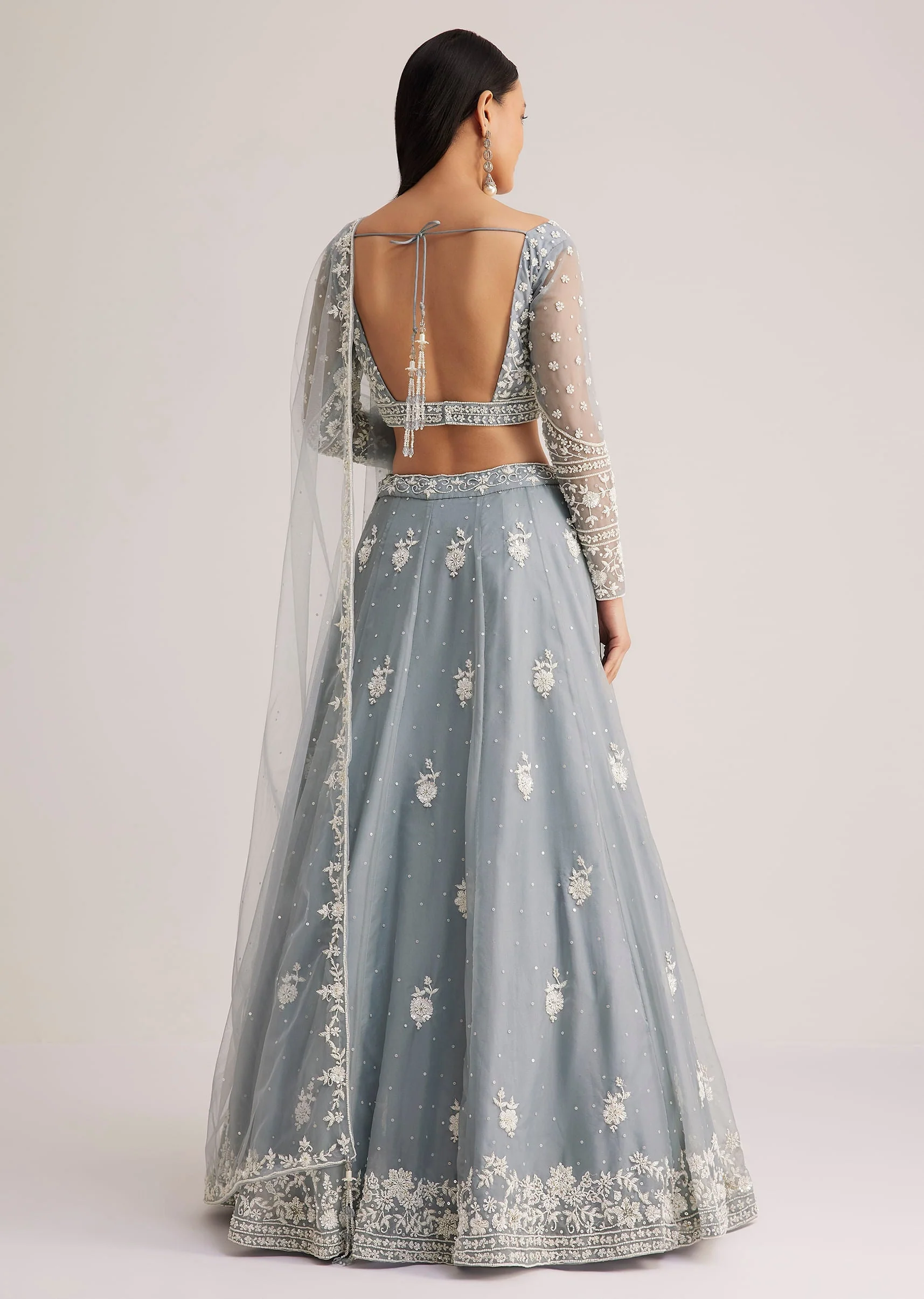Dusty Blue Embroidered Lehenga Set With Sheer Dupatta - Image 5