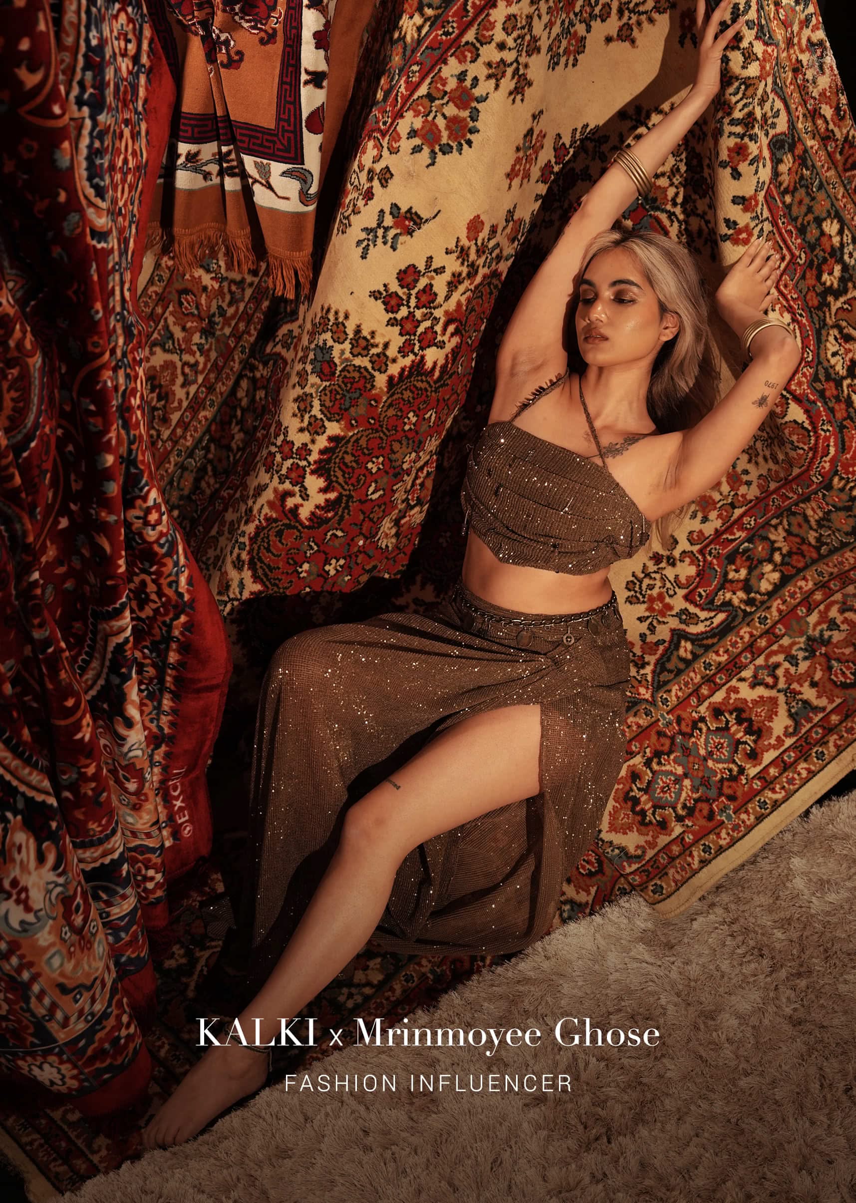 Dusty Brown Embroidered Indowestern Drape Skirt And Blouse In Lycra Sequins With Matching Choker - Image 6
