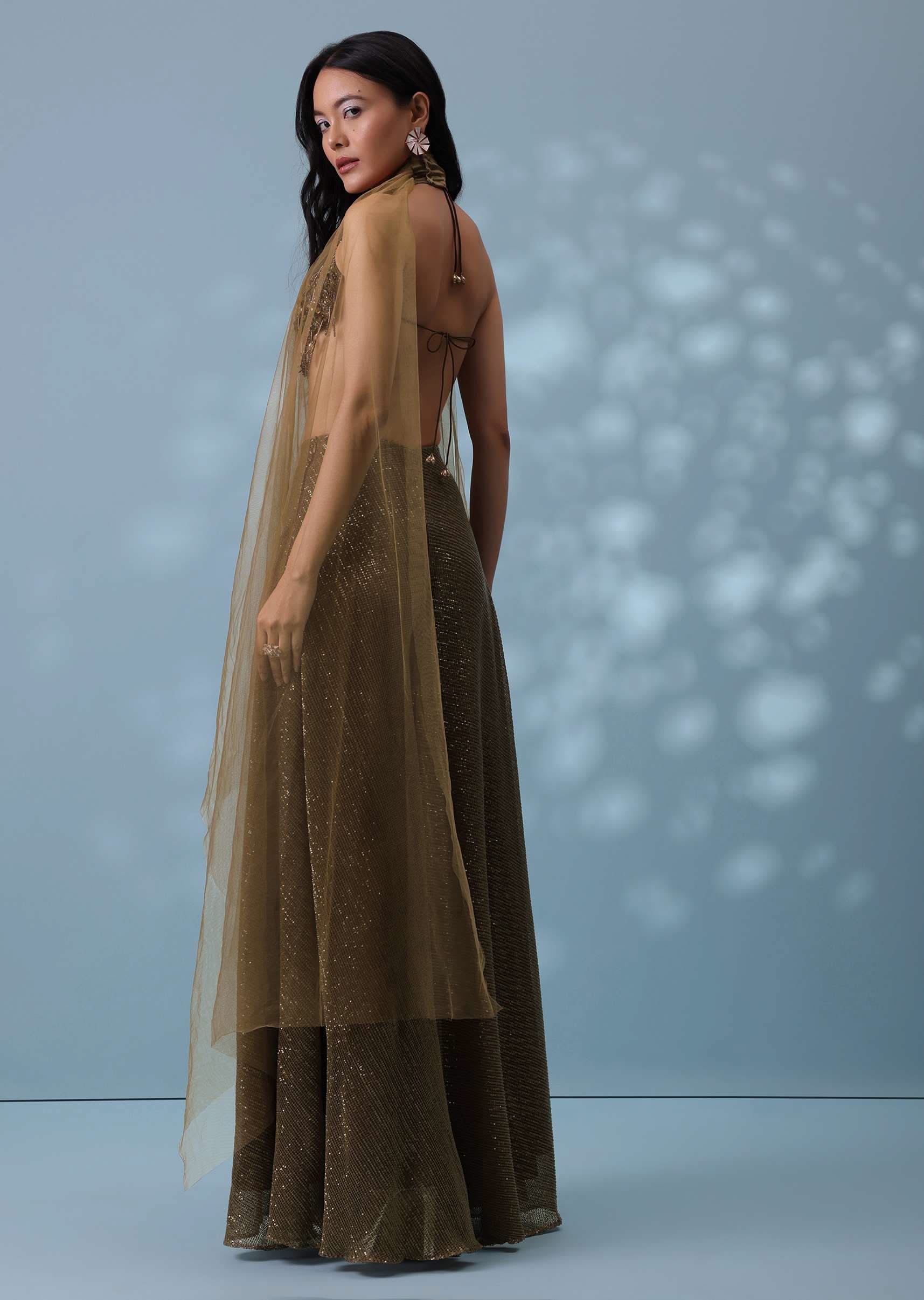 Dusty Brown Fancy Indowestern Palazzo And Bustier In Lycra Sequins With Choker - Image 2