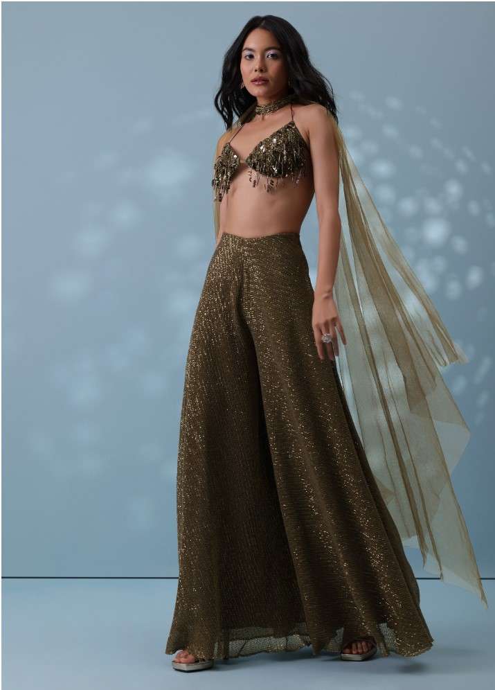 Dusty Brown Fancy Indowestern Palazzo And Bustier In Lycra Sequins With Choker - Image 4