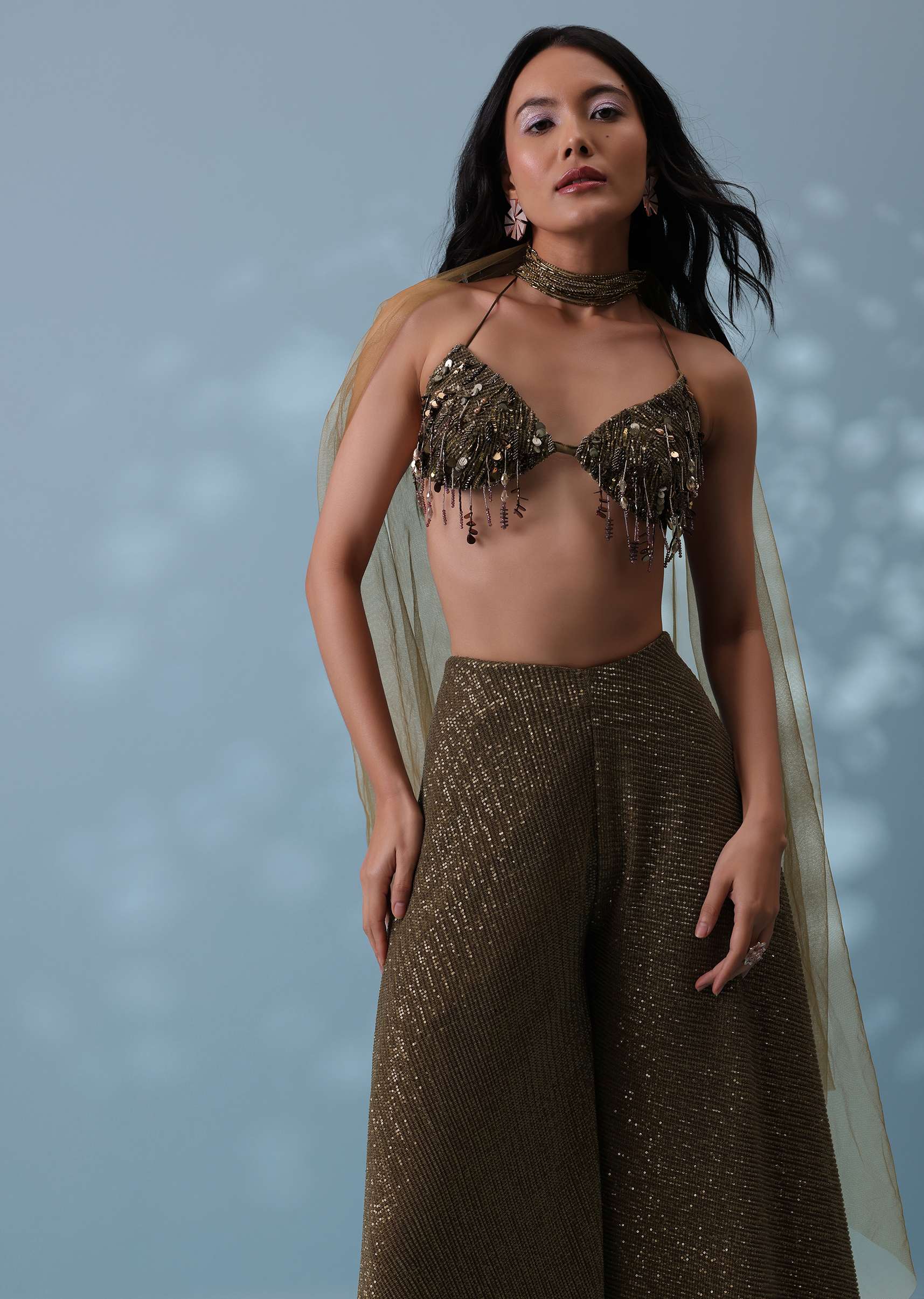 Dusty Brown Fancy Indowestern Palazzo And Bustier In Lycra Sequins With Choker - Image 5