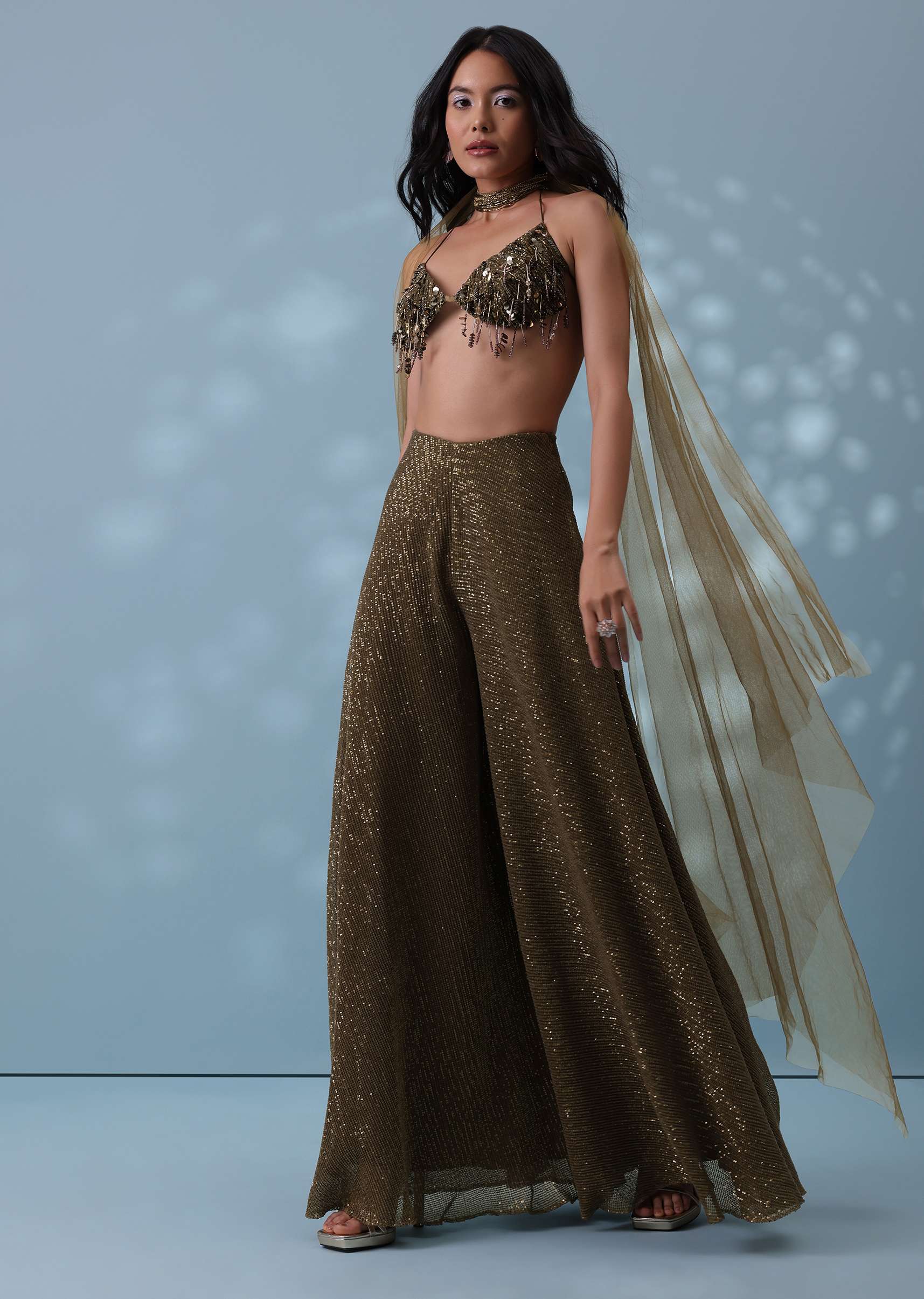 Dusty Brown Fancy Indowestern Palazzo And Bustier In Lycra Sequins With Choker - Image 6