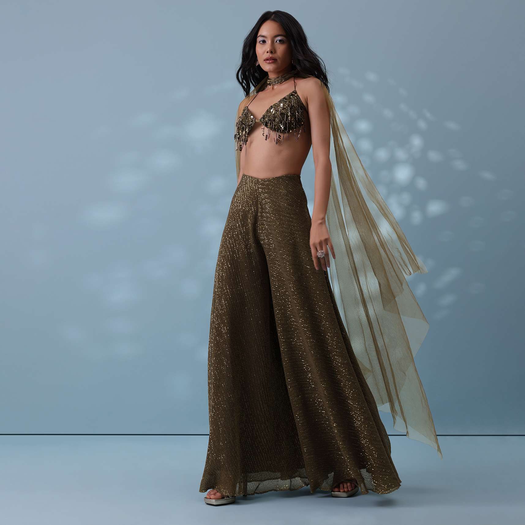 Dusty Brown Fancy Indowestern Palazzo And Bustier In Lycra Sequins With Choker - Image 7