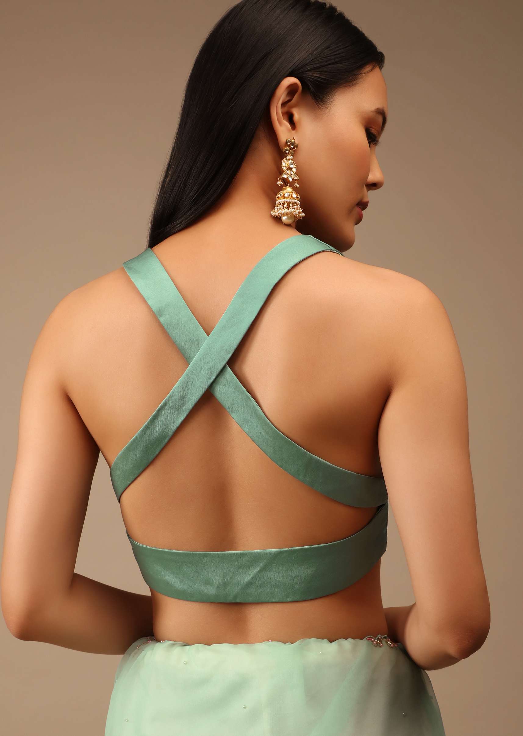 Dusty Jade Blouse In Satin With Plunging Geometric Neckline And Criss Cross Straps On The Back - Image 2