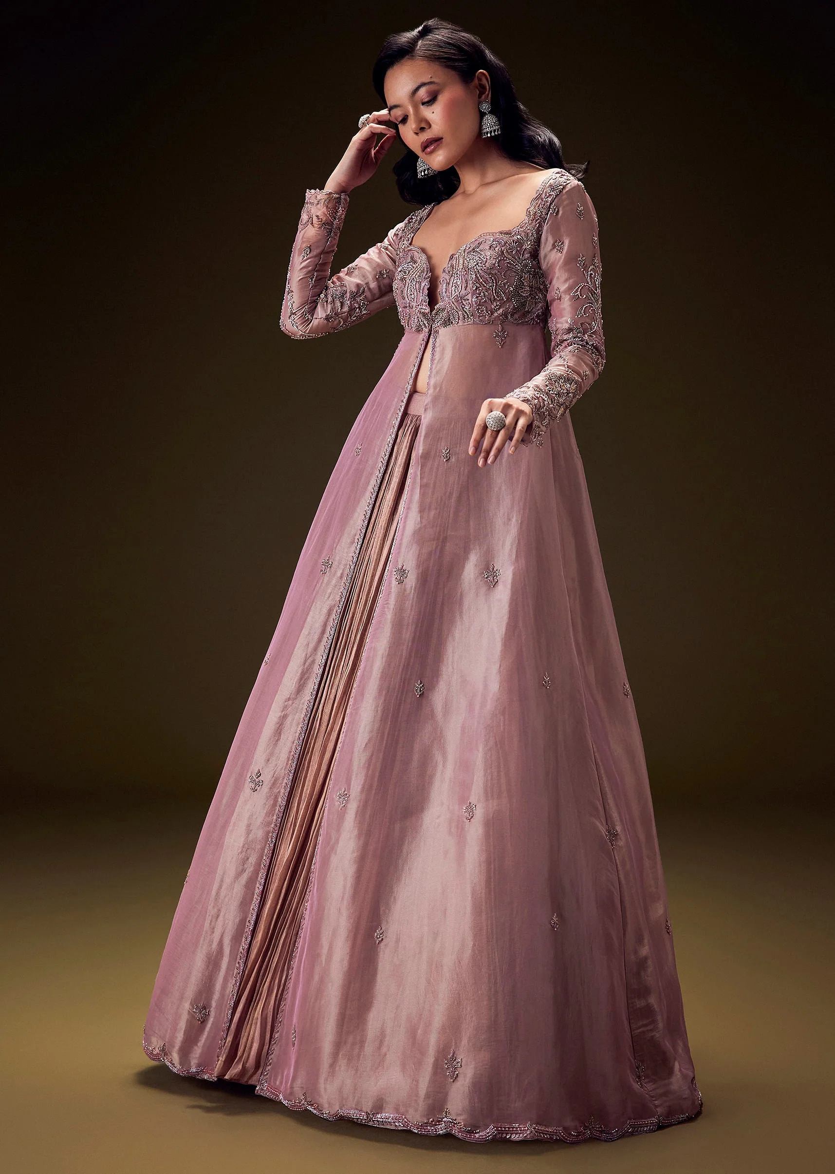 Dusty Lilac Embroidered Long Jacket With Ruched Lehenga - Image 2
