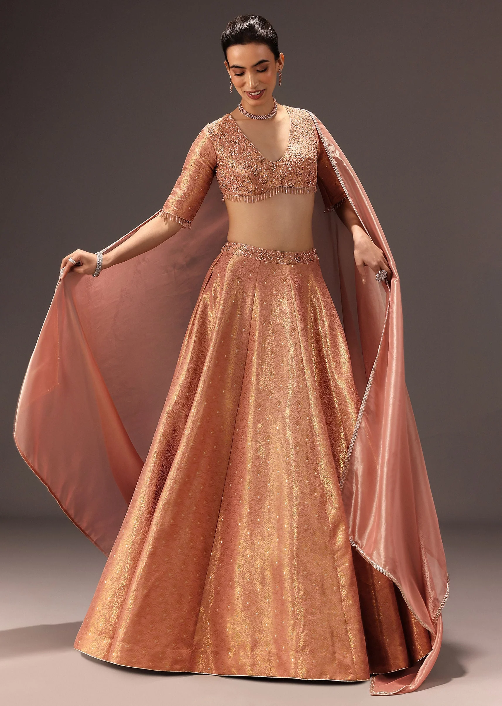 Dusty Peach Banarasi Silk Hand Work Lehenga Set - Image 4