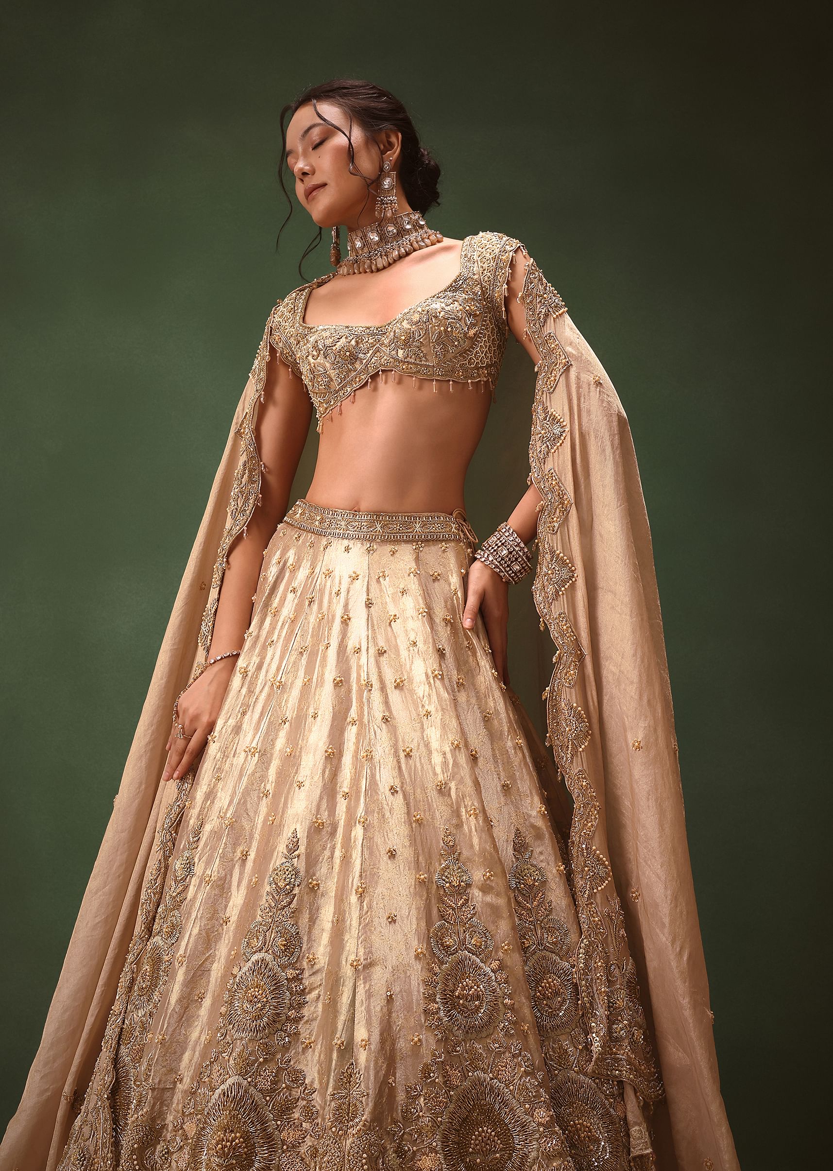 Dusty Pink Brocade Hand Embroidered Bridal Lehenga With Two Dupattas - Image 3