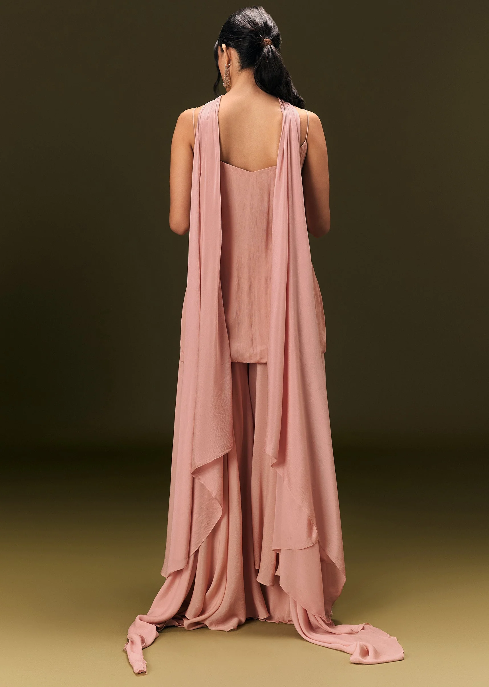 Dusty Pink Chinon Embroidered Kurti With Flared Pant And Choker Dupatta - Image 5