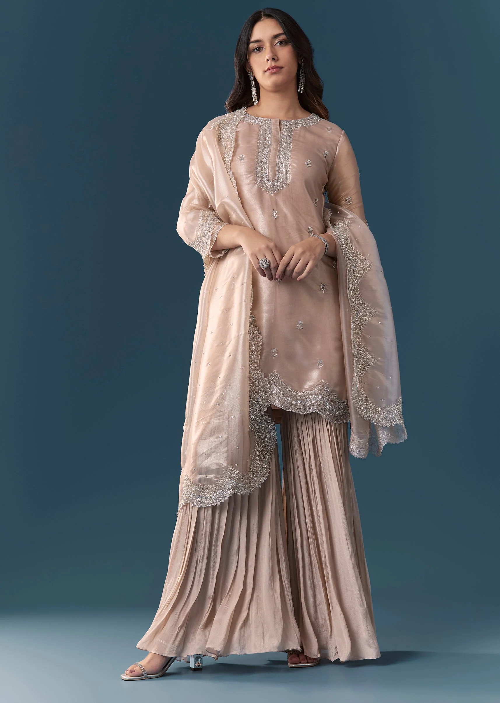 Dusty Pink Embellished Sharara Suit Set With Dupatta - Image 3
