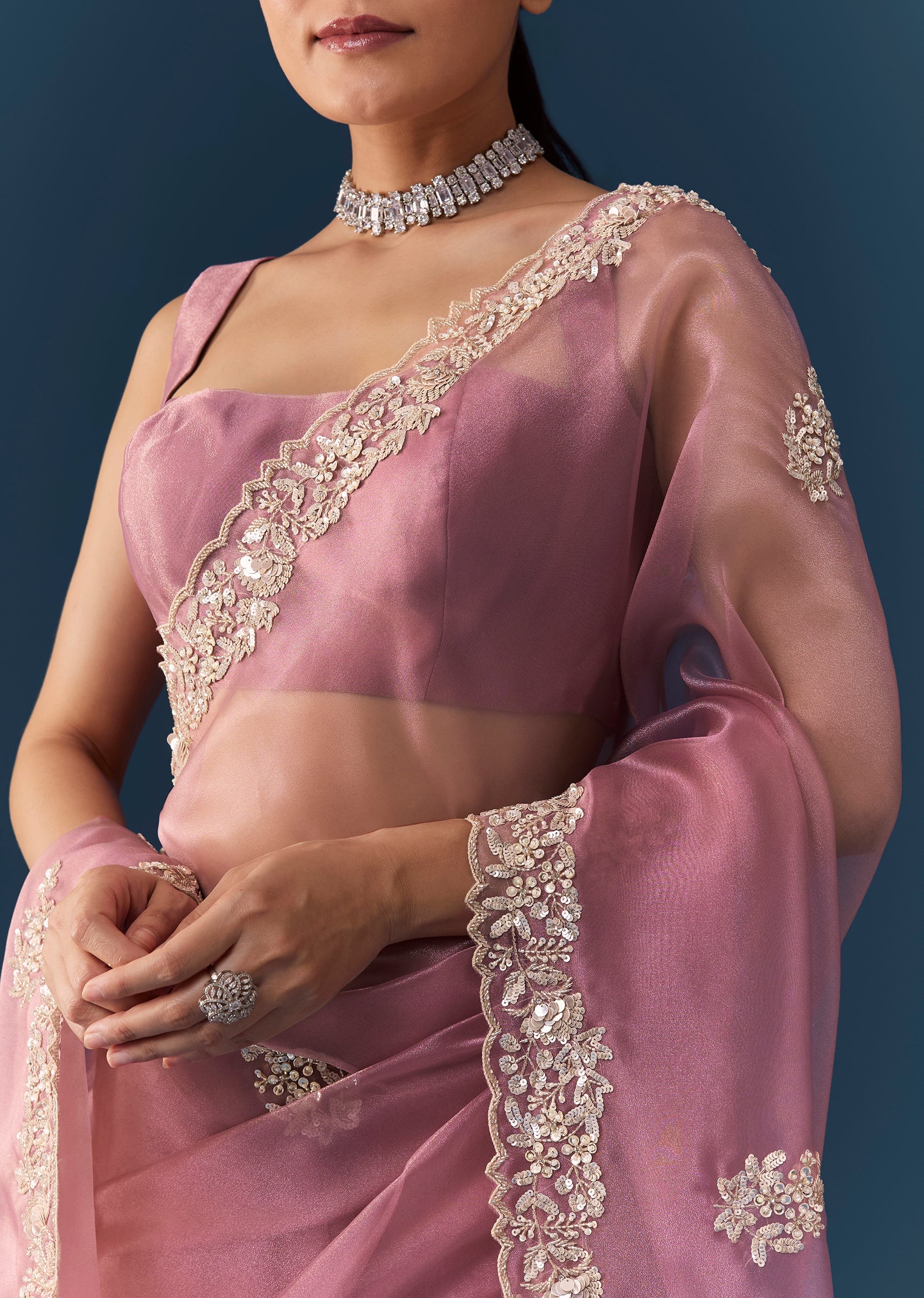 Dusty Pink Embroidered Saree with Blouse Fabric - Image 2