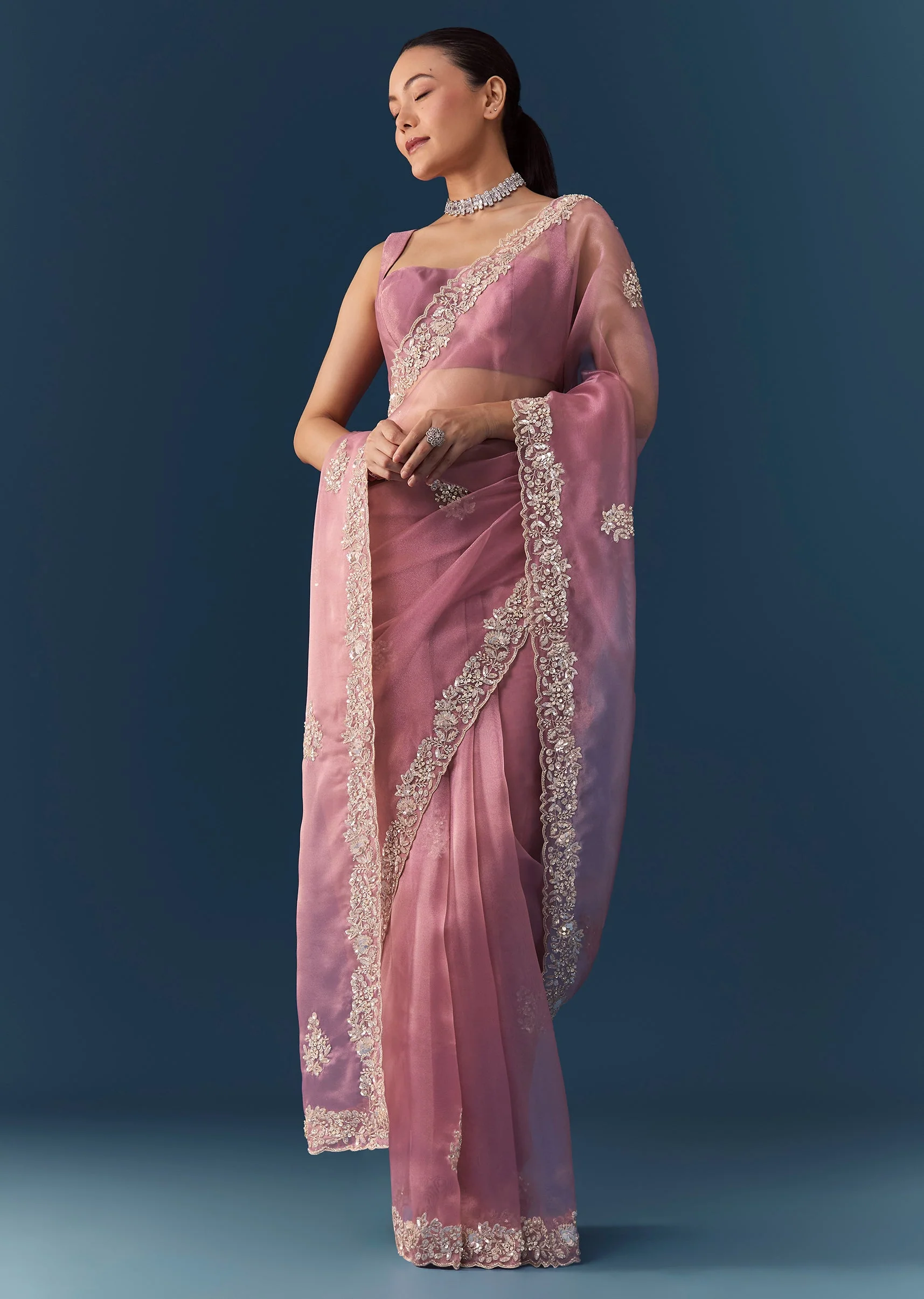 Dusty Pink Embroidered Saree with Blouse Fabric - Image 3