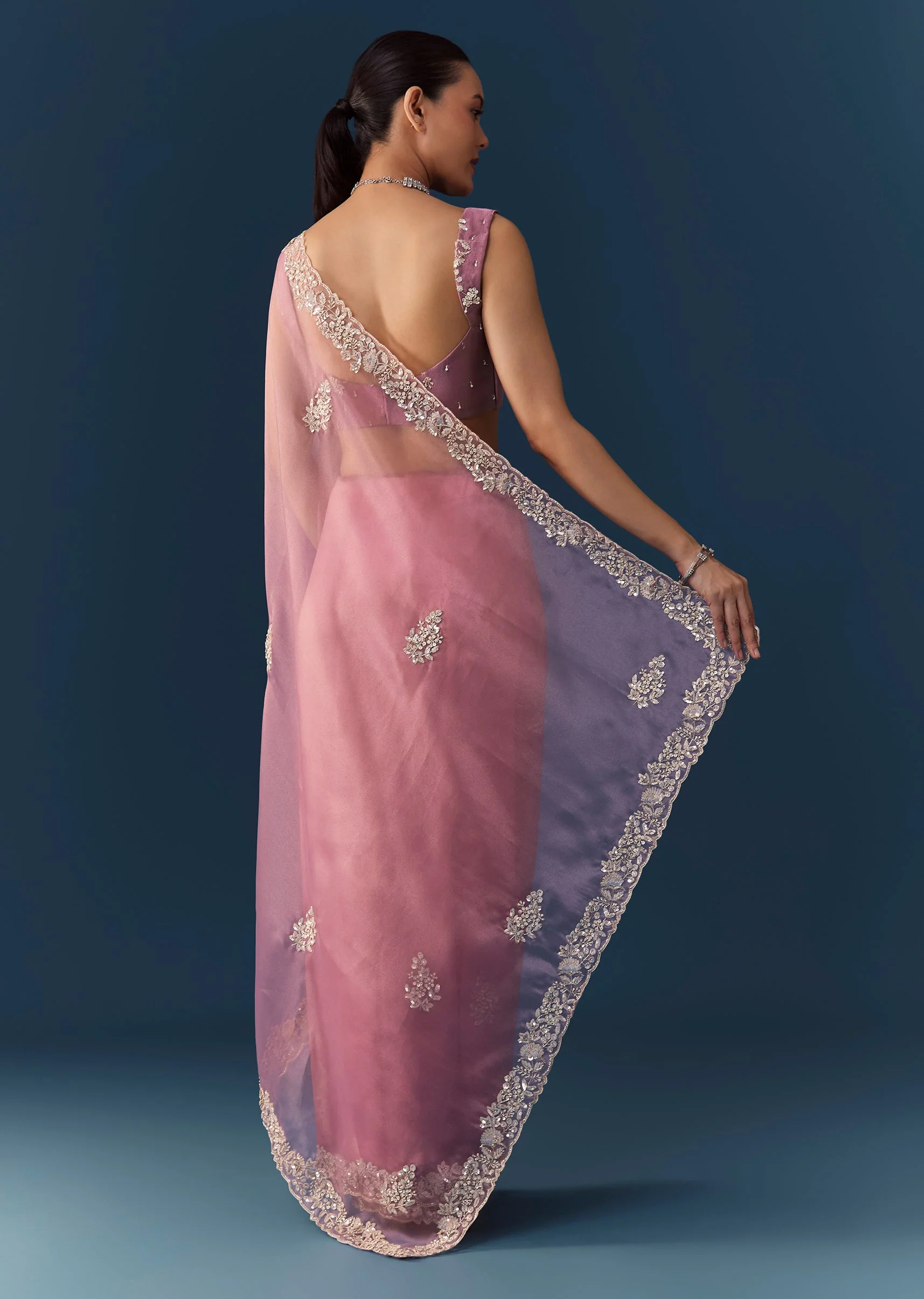 Dusty Pink Embroidered Saree with Blouse Fabric - Image 4