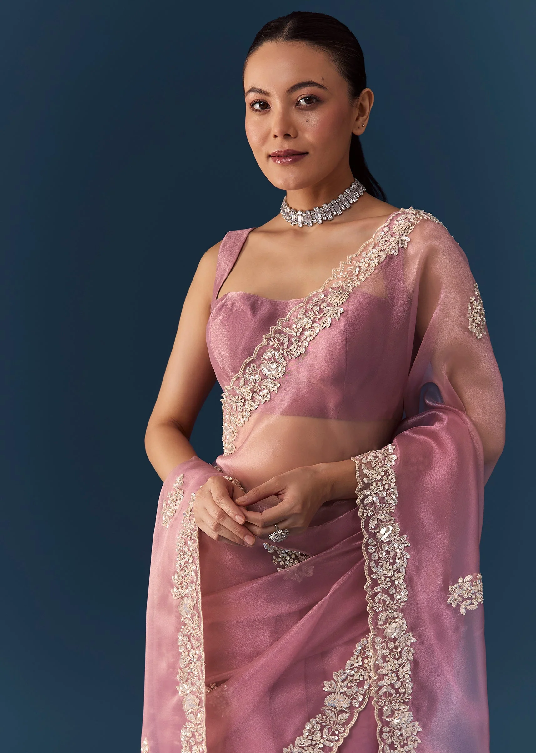 Dusty Pink Embroidered Saree with Blouse Fabric - Image 5