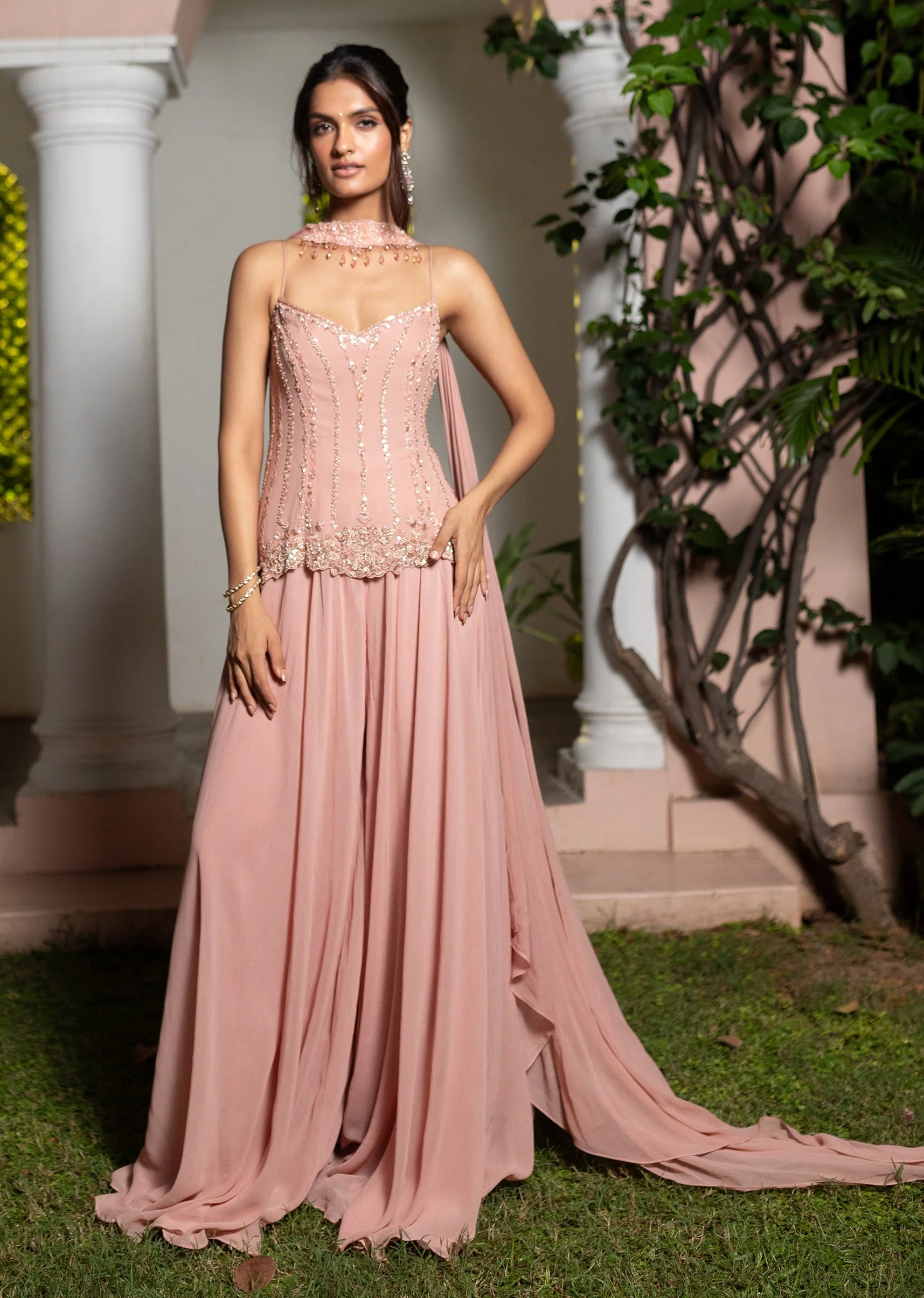 Dusty Pink Hand Embroidered Sharara Suit With Choker Dupatta - Image 6