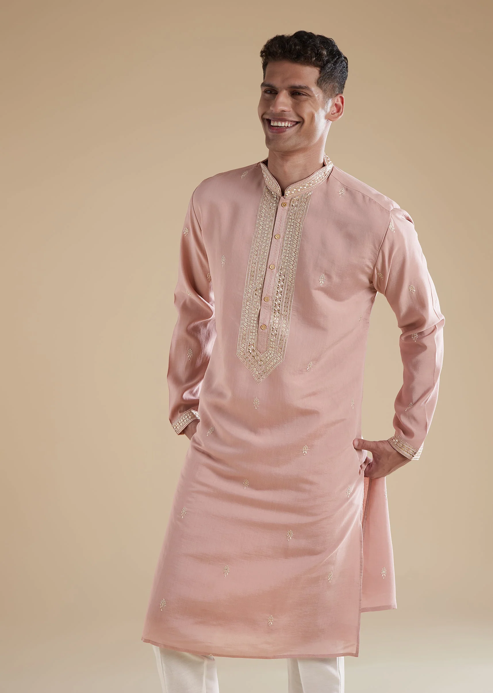 Dusty Pink Kurta Set In Silk Blend - Image 4