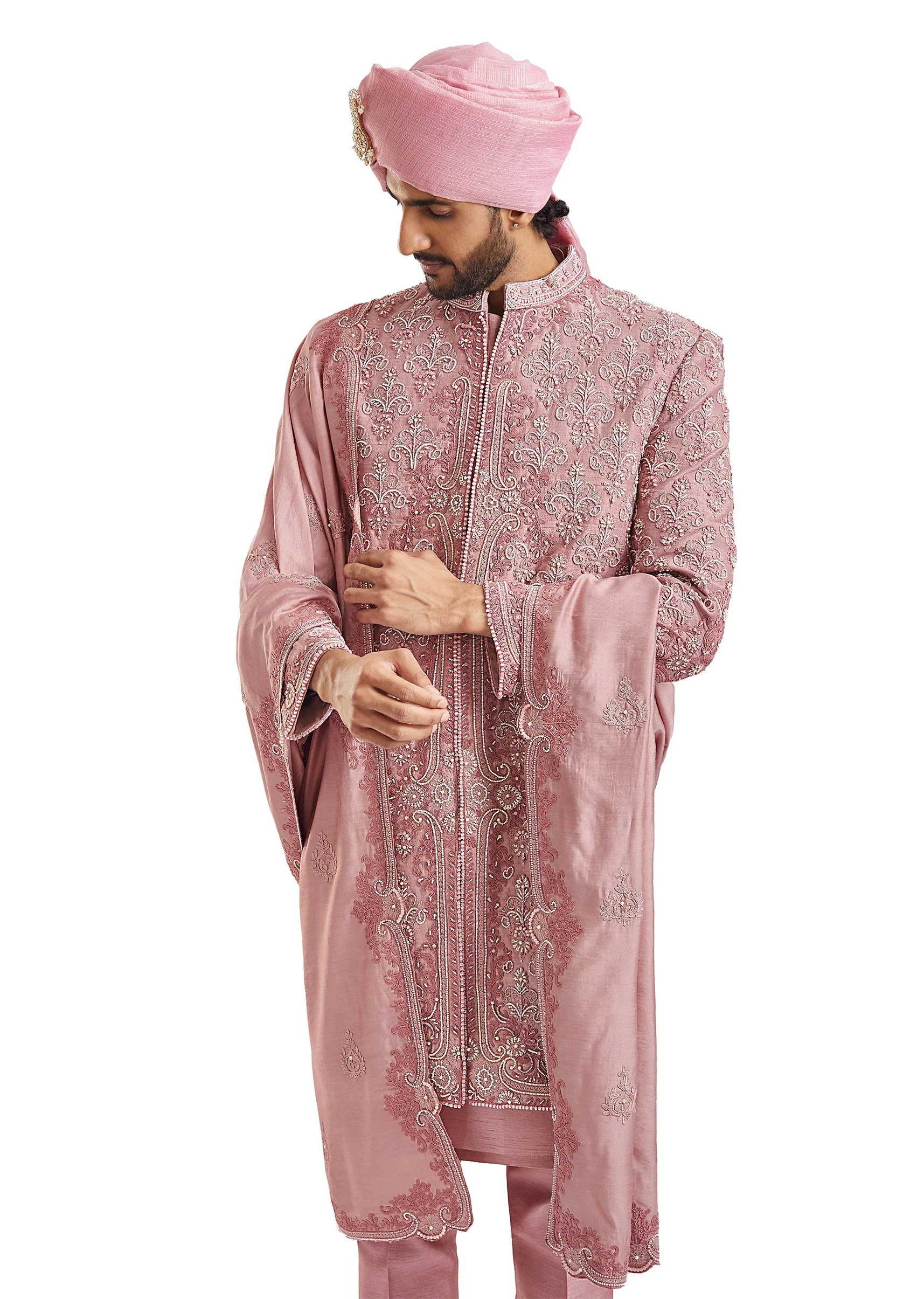 Dusty Pink Self Embroidered Groom Sherwani - Image 2