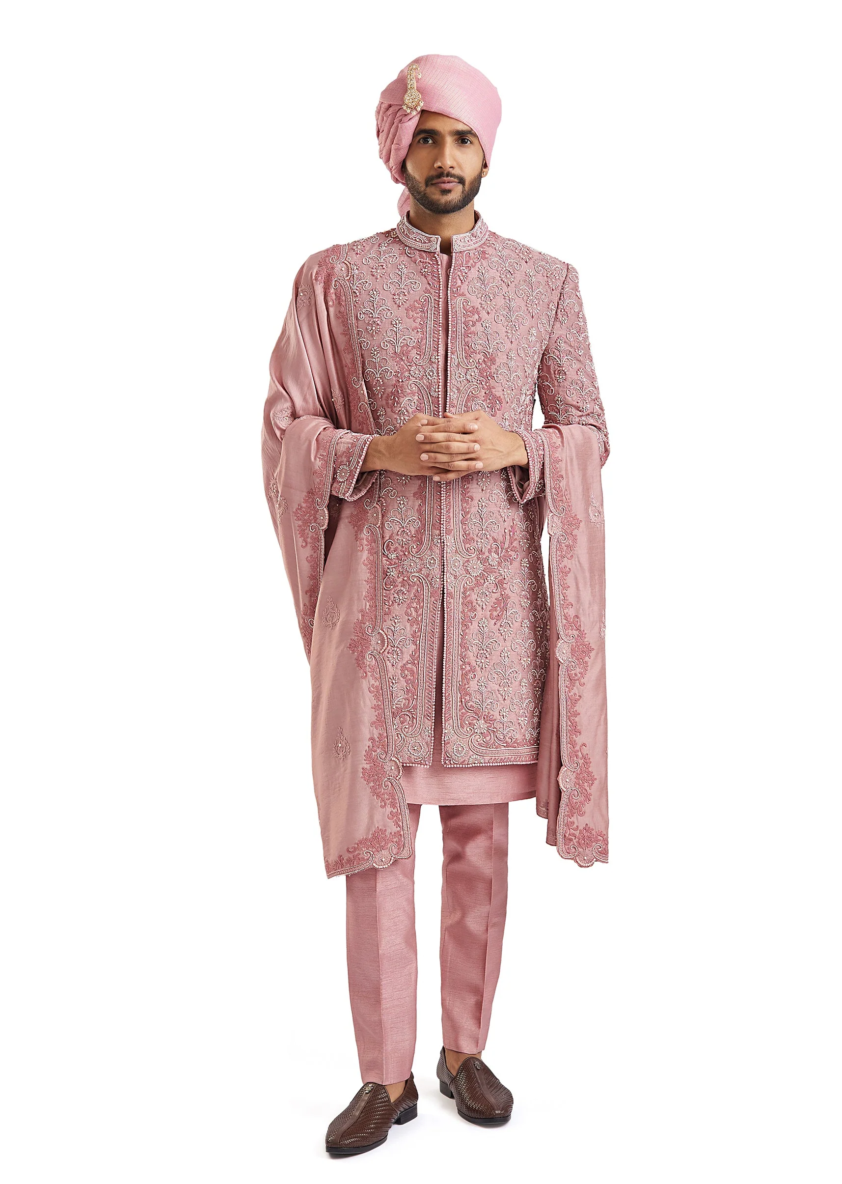 Dusty Pink Self Embroidered Groom Sherwani - Image 3