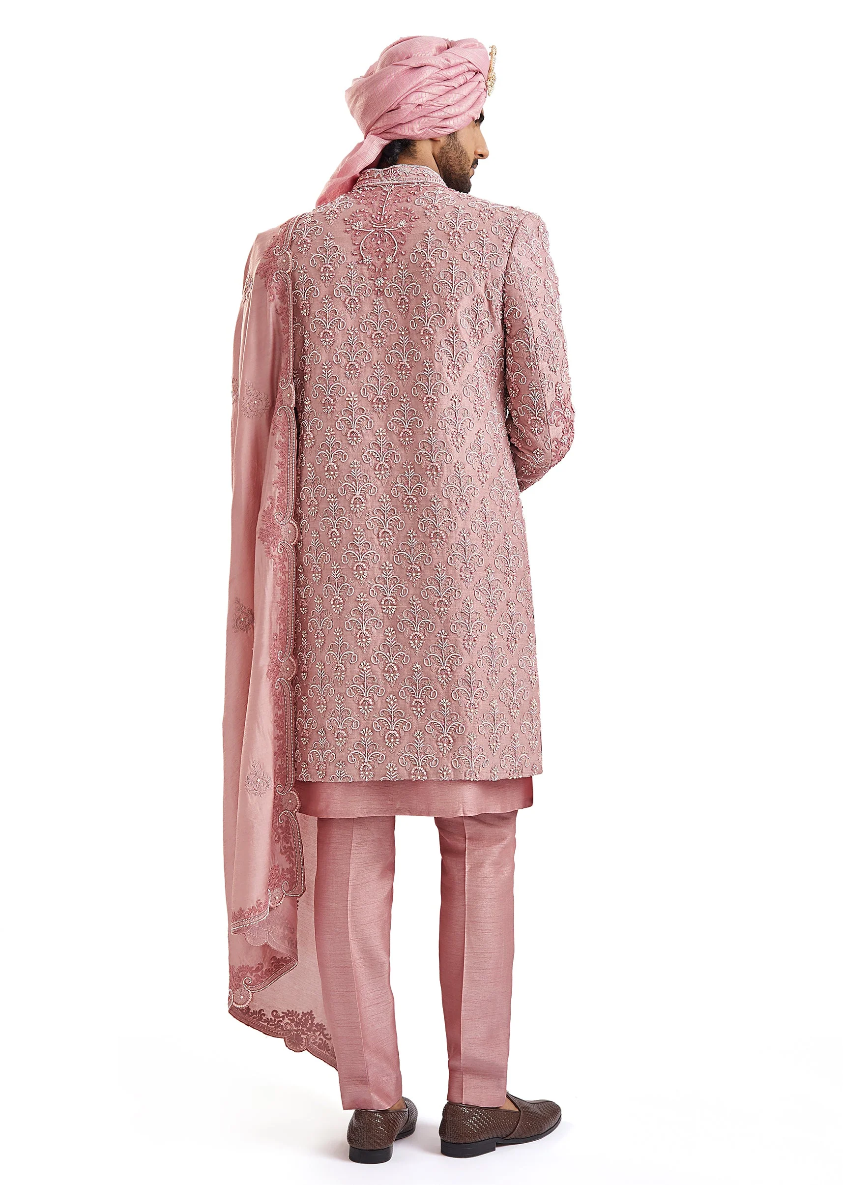 Dusty Pink Self Embroidered Groom Sherwani - Image 6
