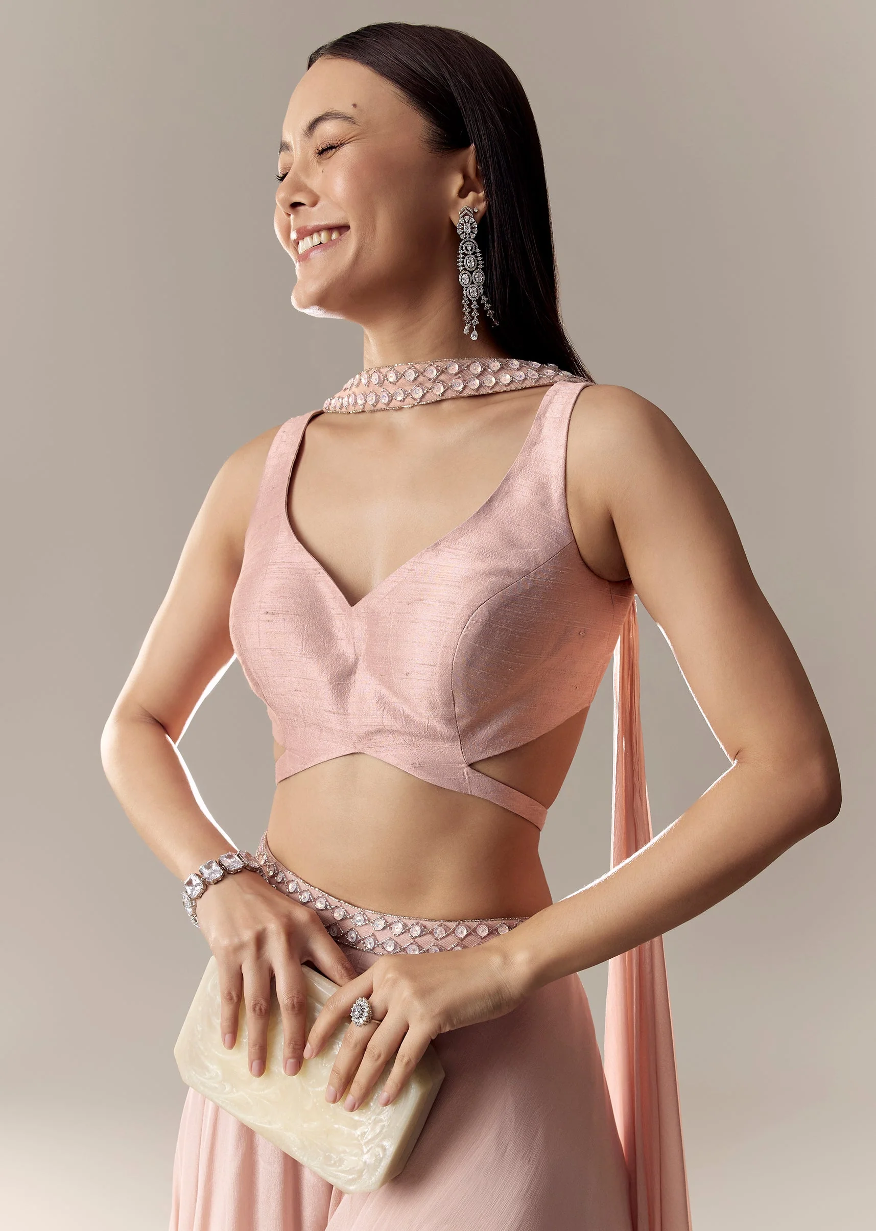 Dusty Pink V Neck Cut Out Tie Back Blouse