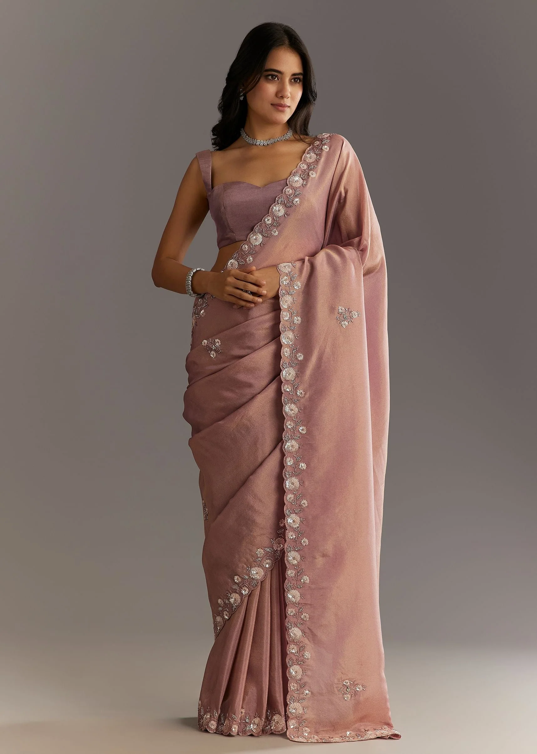 Dusty Rose Tissue Saree With Floral Embroidered Scallop Border - Image 3