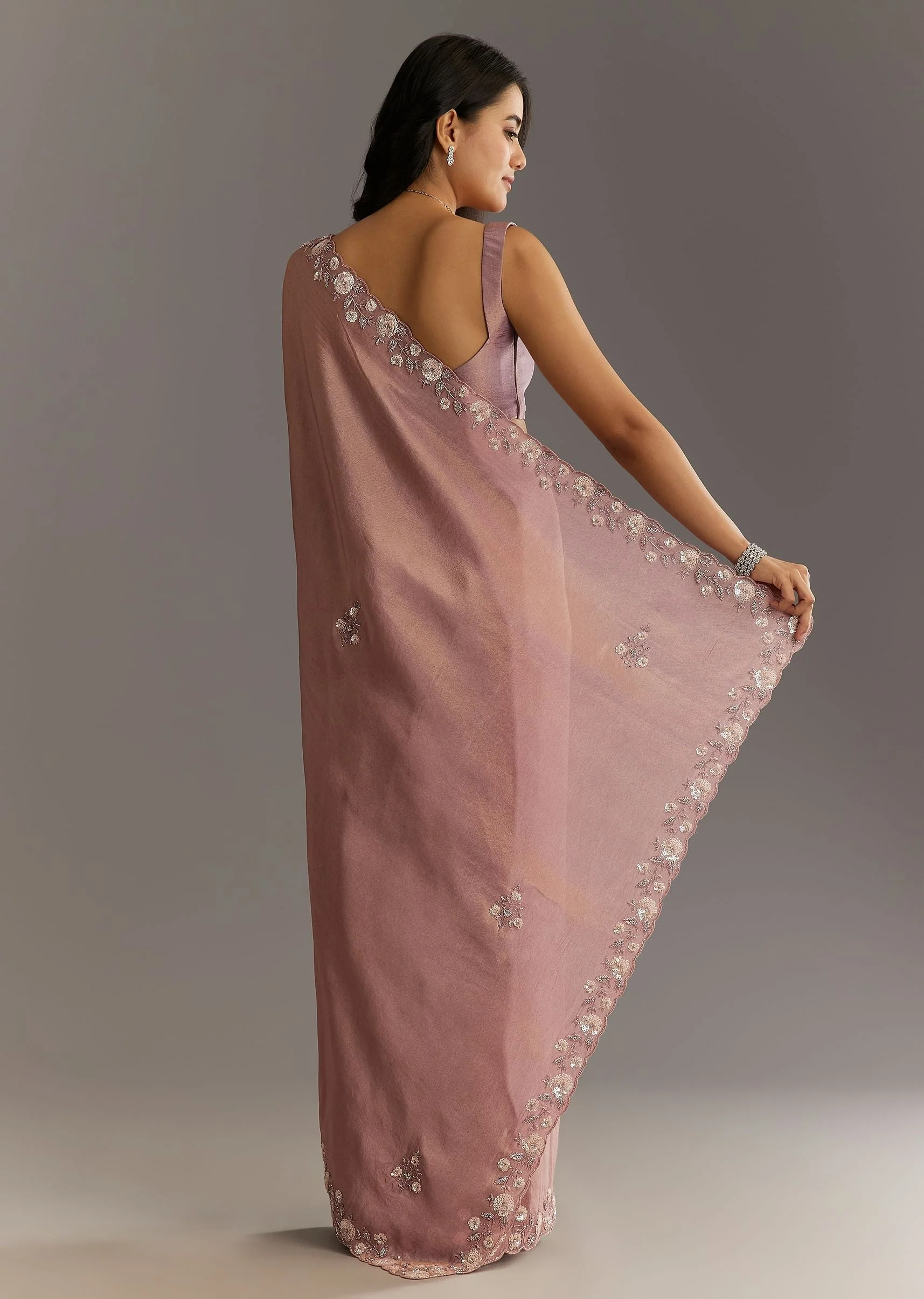 Dusty Rose Tissue Saree With Floral Embroidered Scallop Border - Image 4