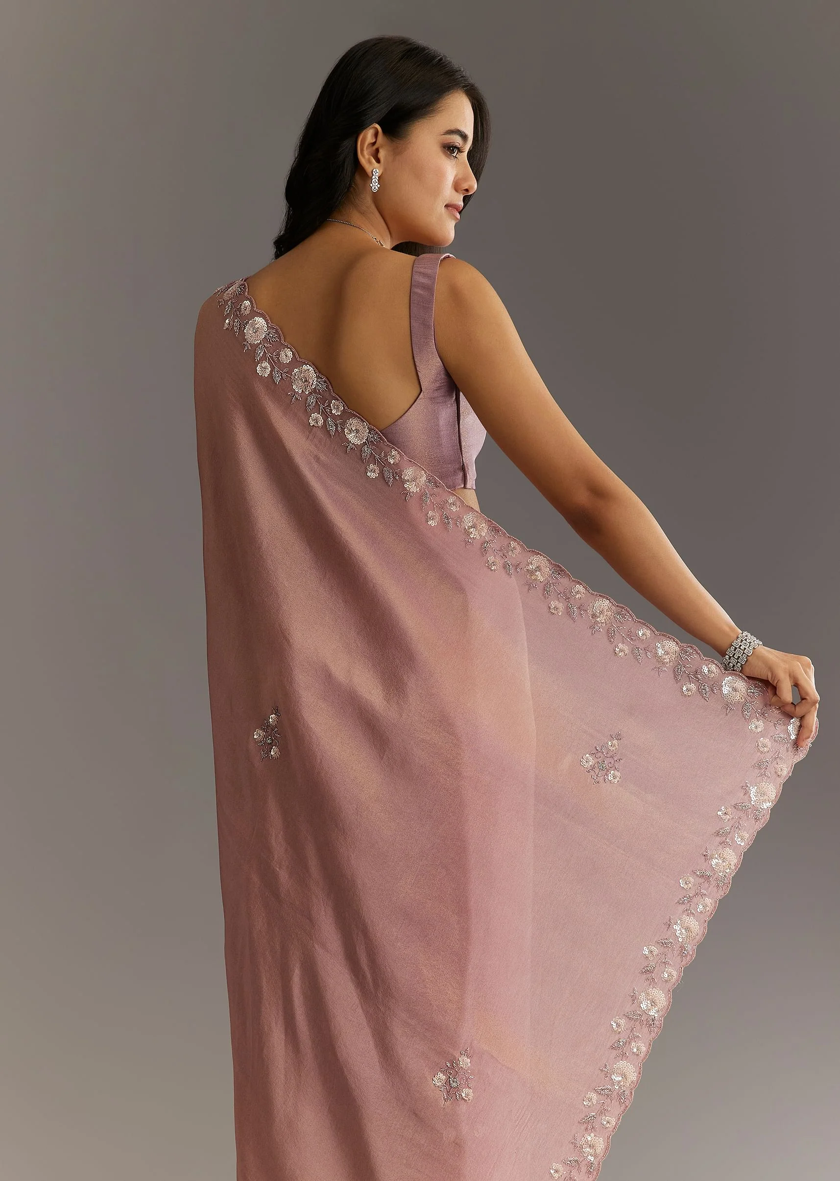 Dusty Rose Tissue Saree With Floral Embroidered Scallop Border - Image 6