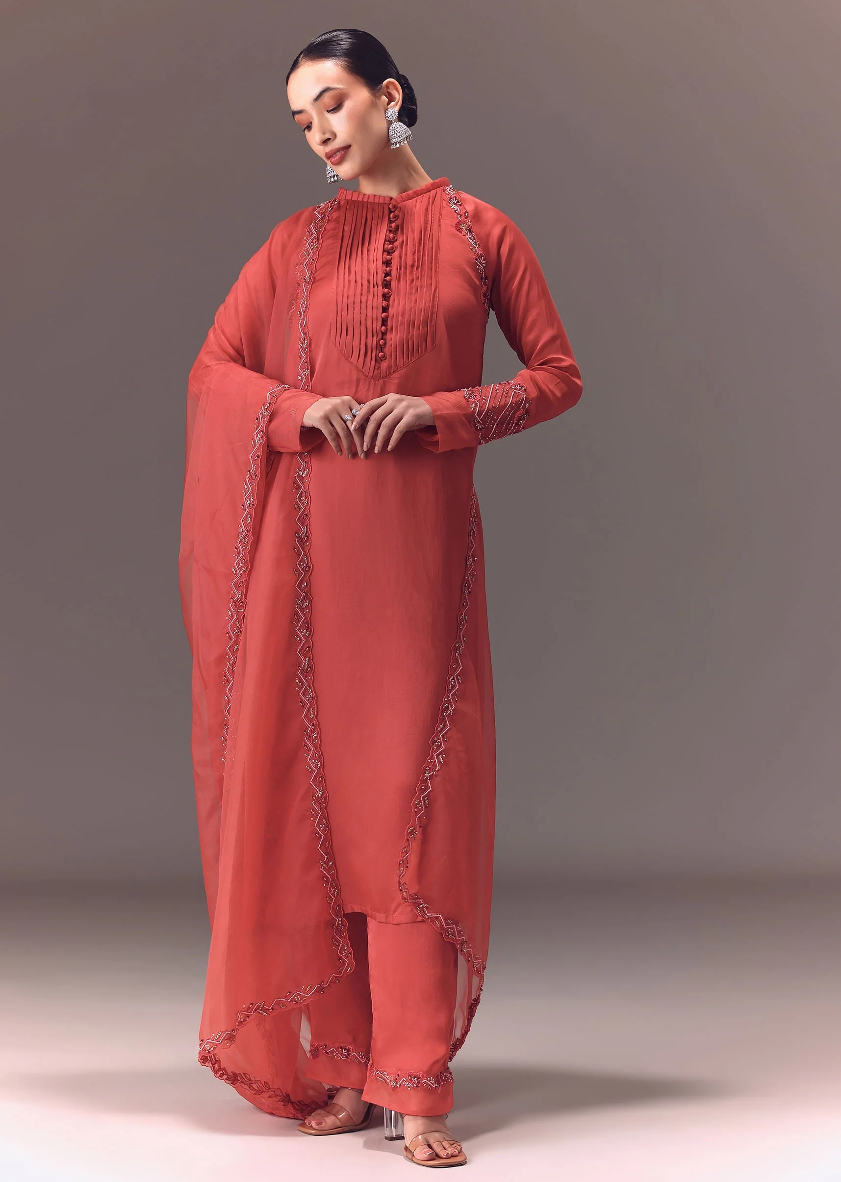 Dusty Rust Organza Kurta Set With Raglan Sleeves