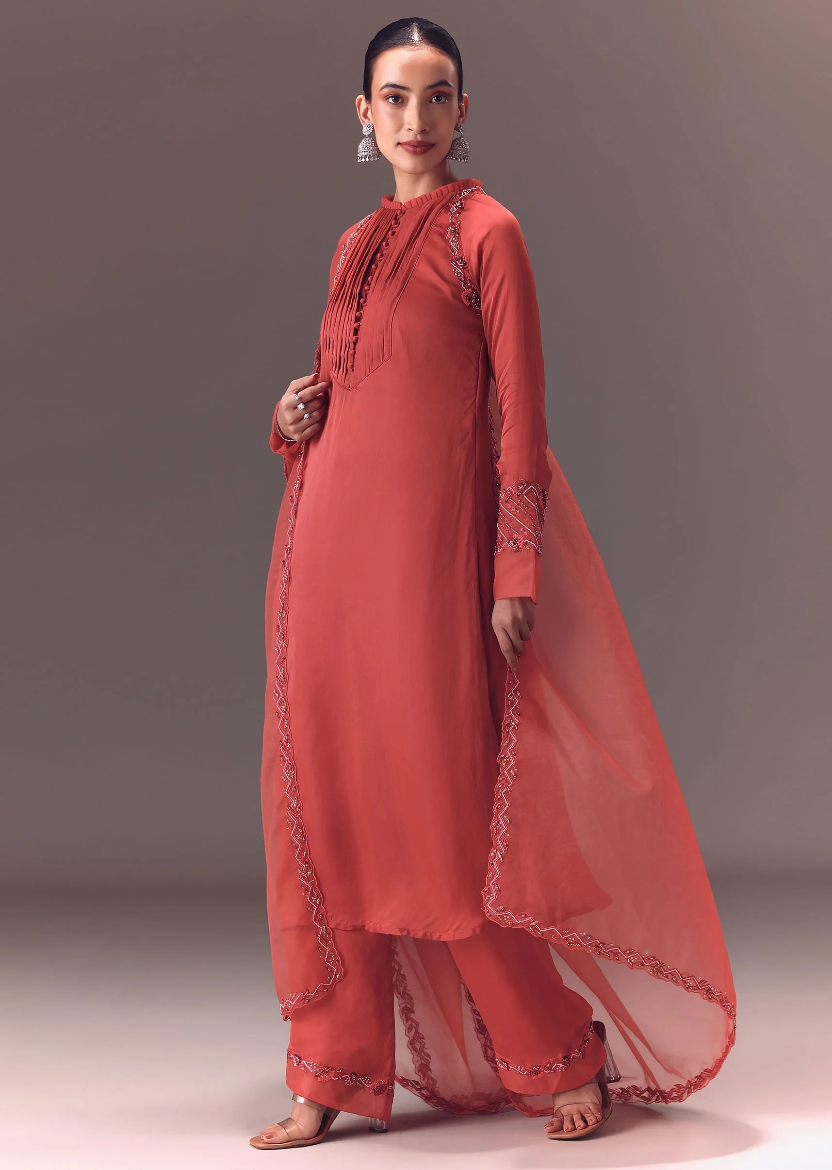 Dusty Rust Organza Kurta Set With Raglan Sleeves - Image 3