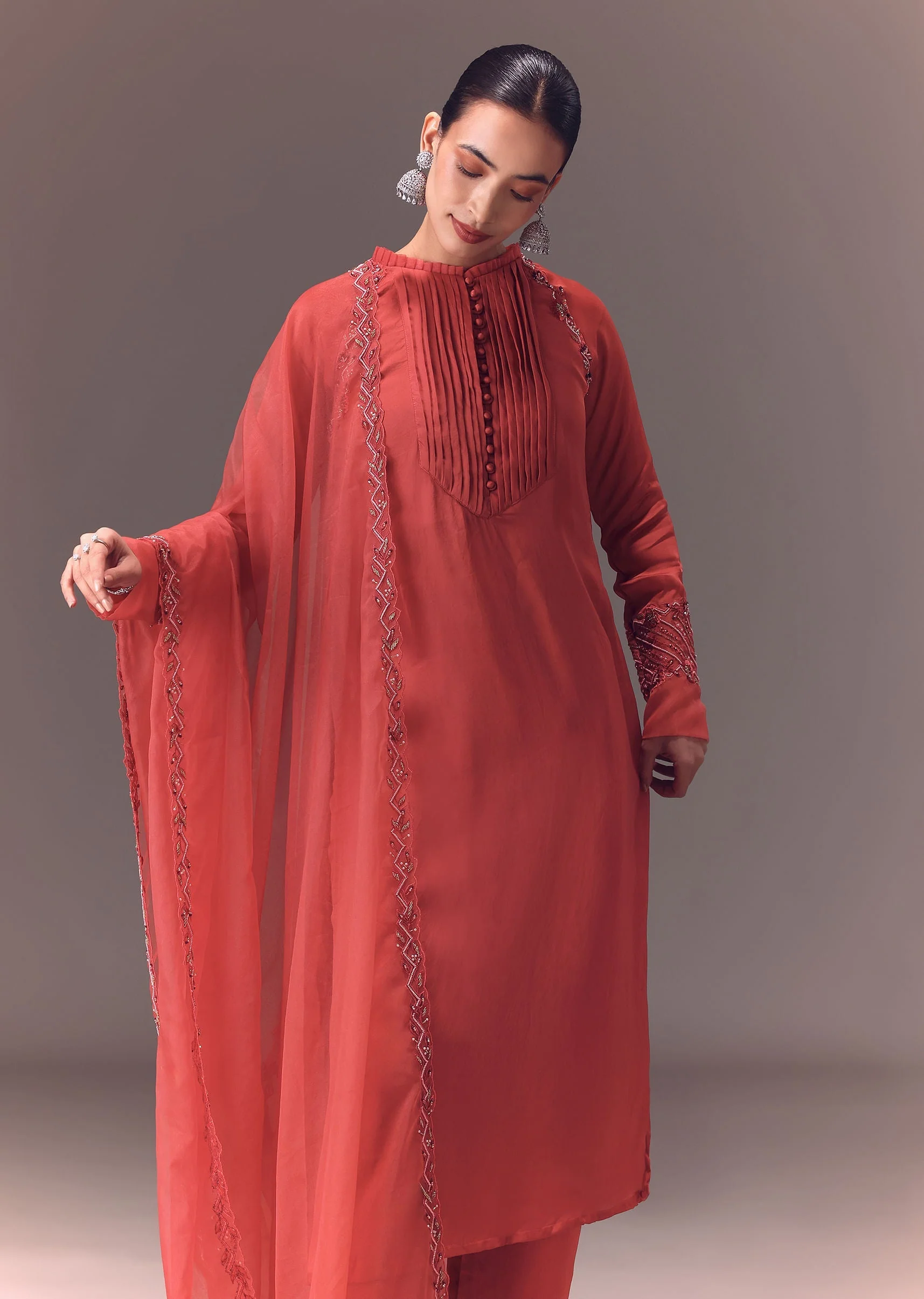 Dusty Rust Organza Kurta Set With Raglan Sleeves - Image 4