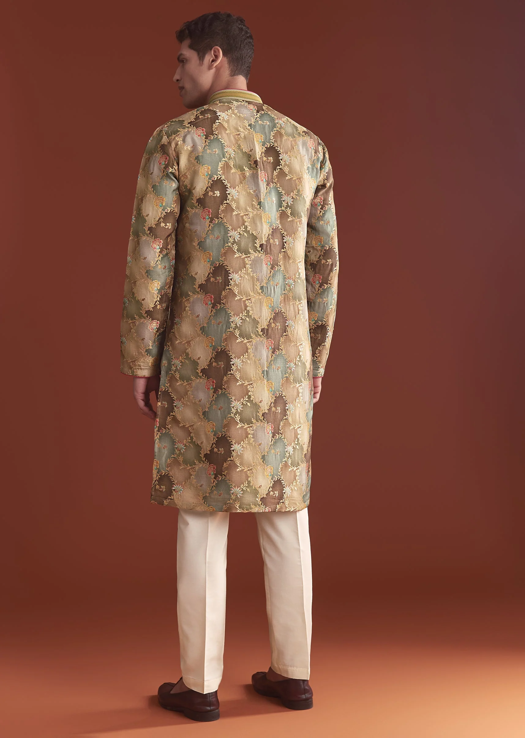 Earthy Brown Pair – Satin Saree For Her And Banarasi Kurta Set For Him - Image 14