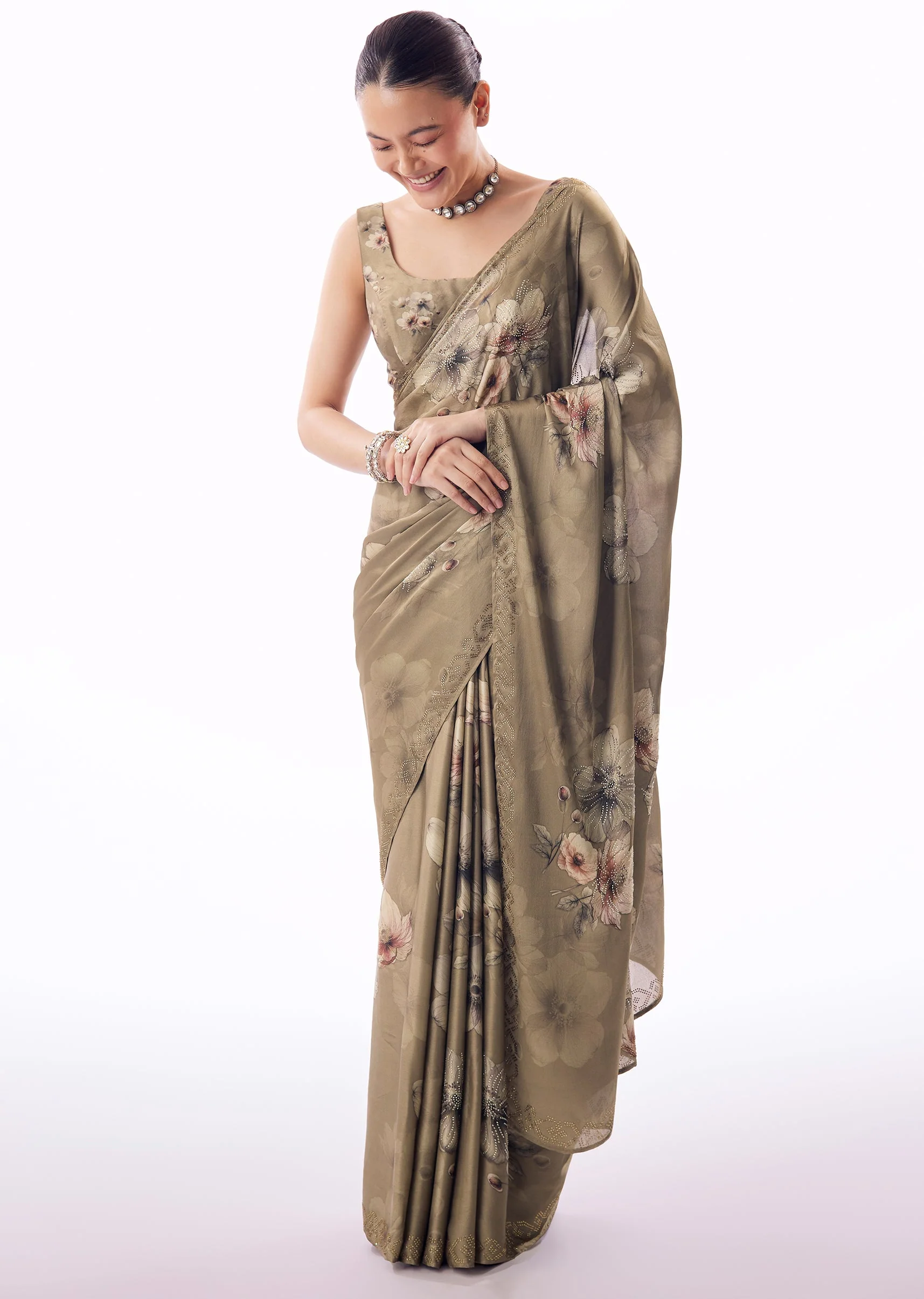Earthy Brown Pair – Satin Saree For Her And Banarasi Kurta Set For Him - Image 3