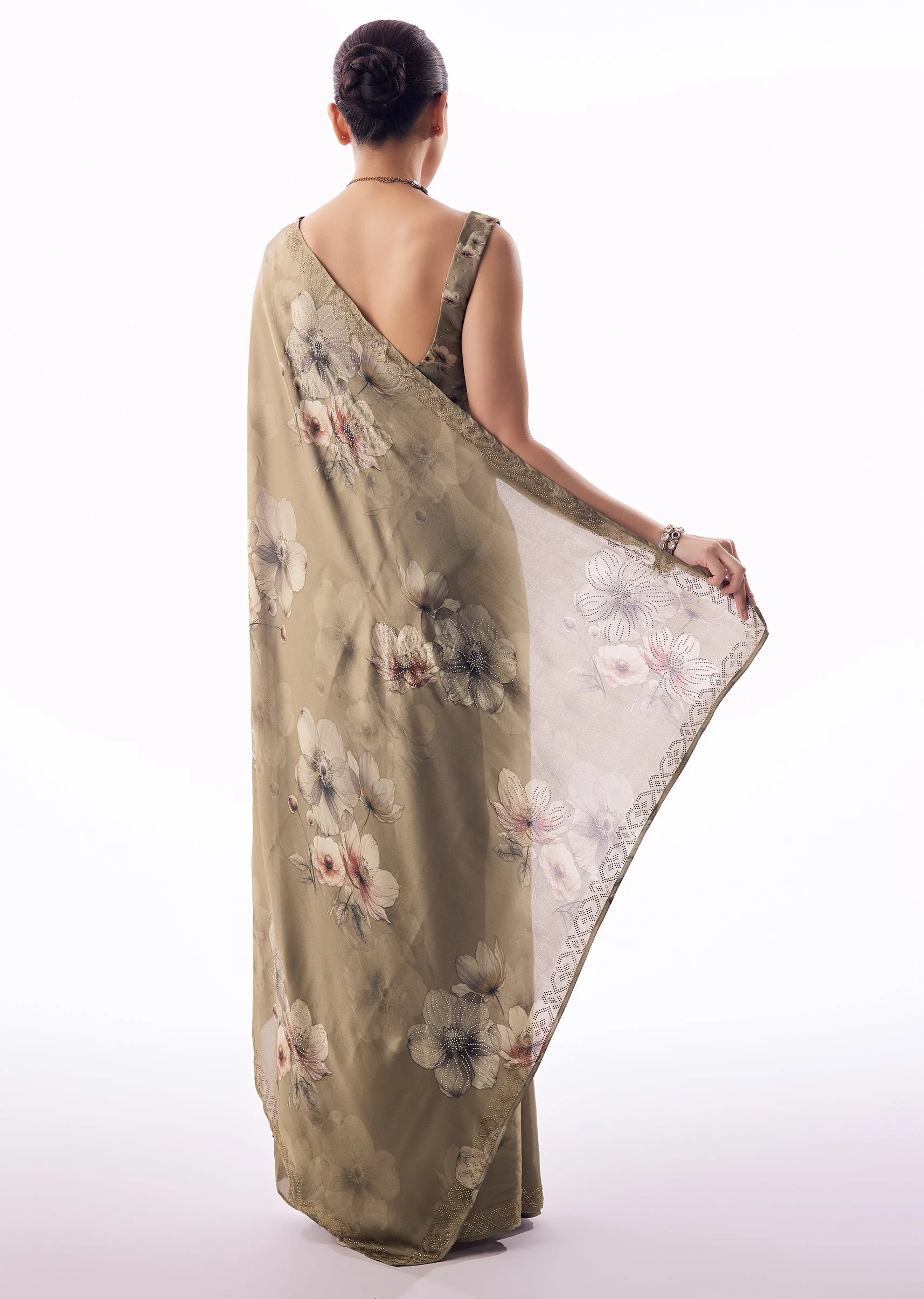 Earthy Brown Pair – Satin Saree For Her And Banarasi Kurta Set For Him - Image 6