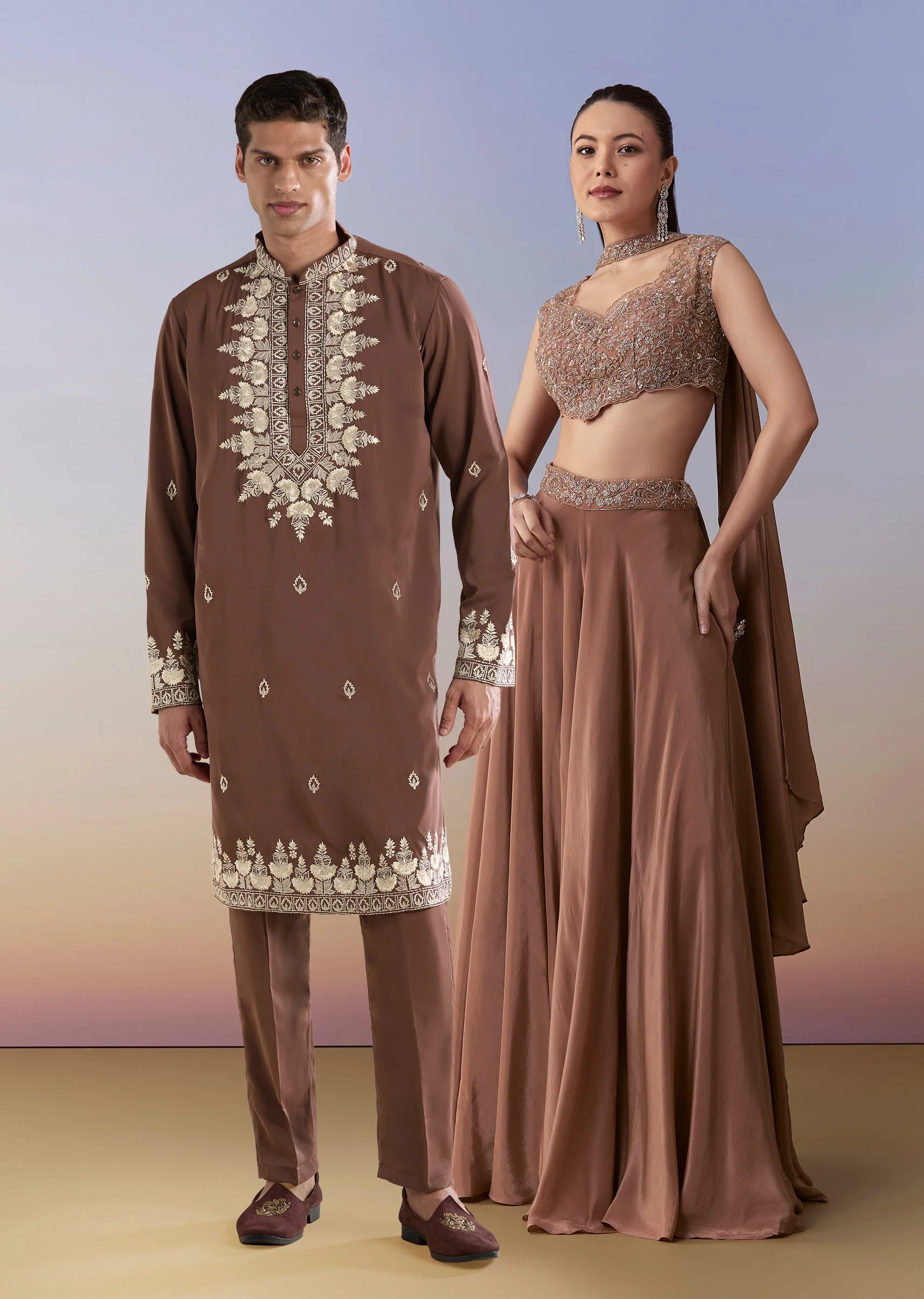 Earthy Elegance Couple Set – Brown Embellished Crop Top And Pant Set for Her And Rust Embroidered Silk Kurta Set for Him