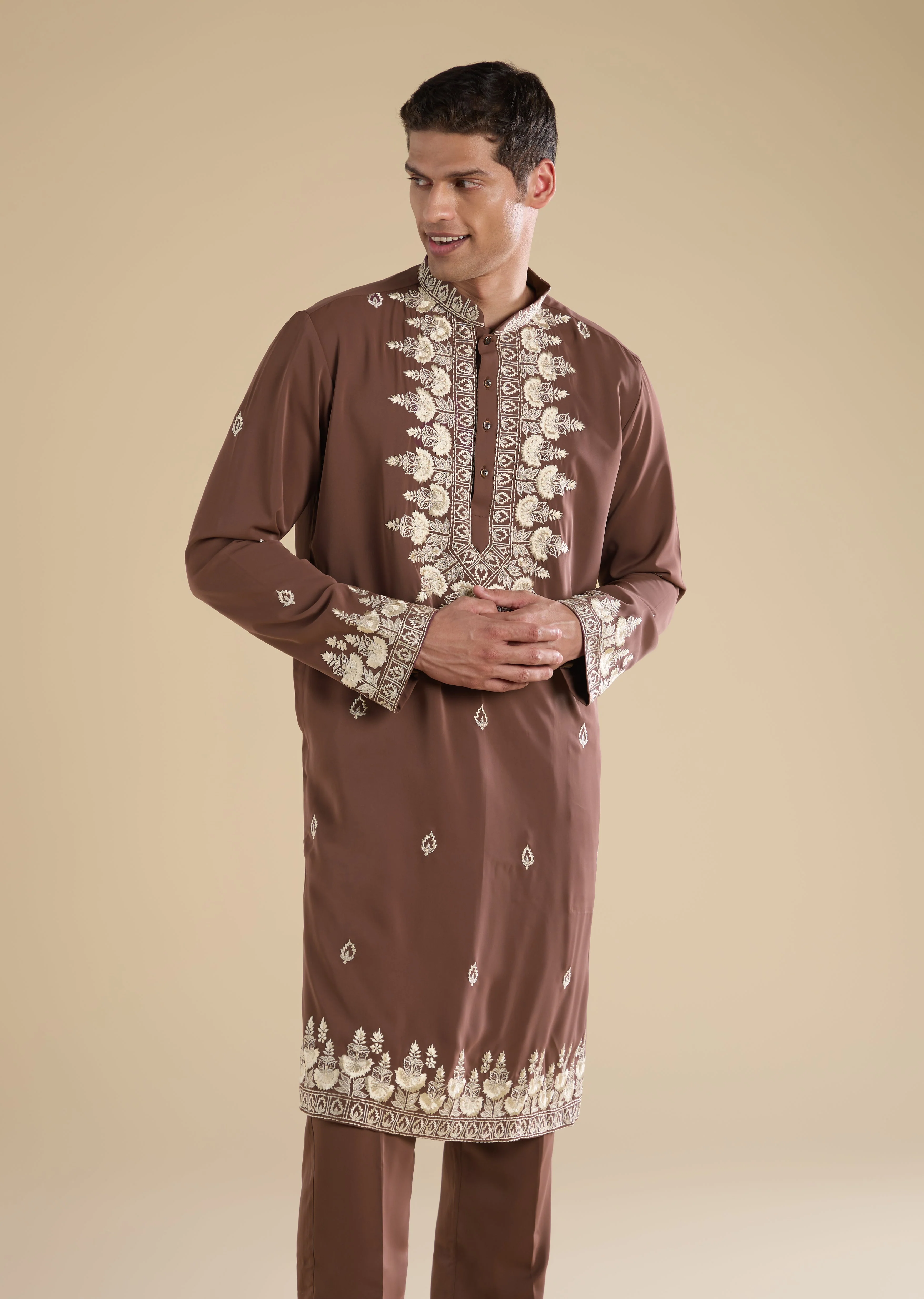 Earthy Elegance Couple Set – Brown Embellished Crop Top And Pant Set for Her And Rust Embroidered Silk Kurta Set for Him - Image 5