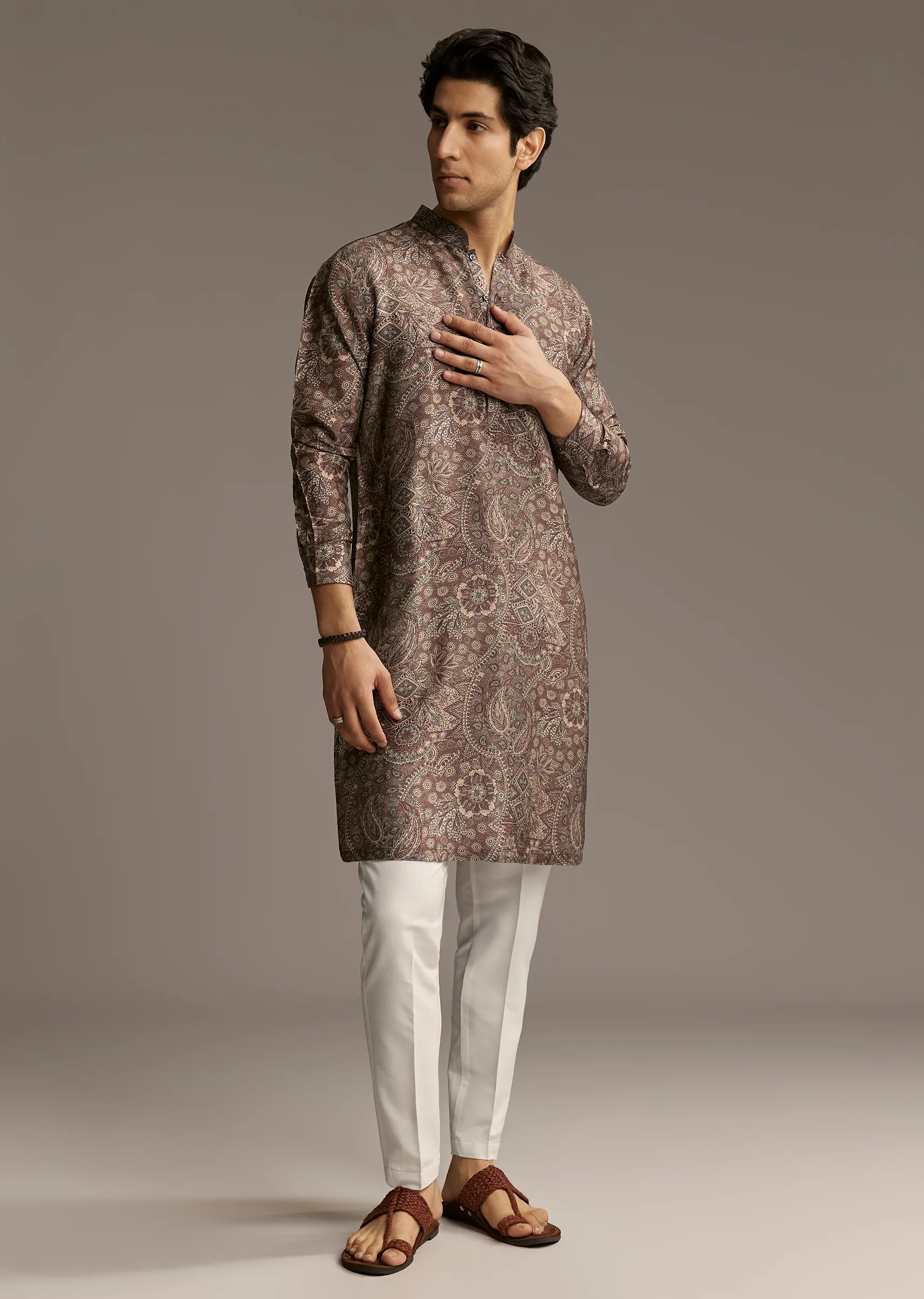 Earthy Grey Artistic Couple Set – Grey Hand-Painted Cotton Saree For Her And Taupe Brown Printed Silk Kurta For Him - Image 11