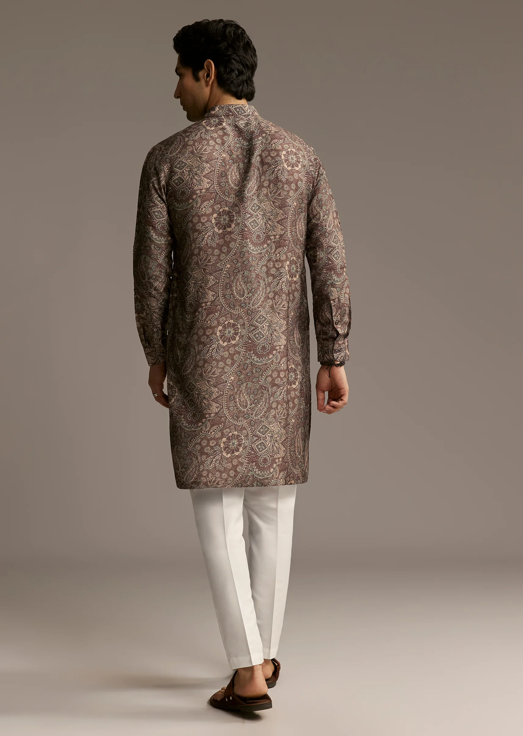 Earthy Grey Artistic Couple Set – Grey Hand-Painted Cotton Saree For Her And Taupe Brown Printed Silk Kurta For Him - Image 12