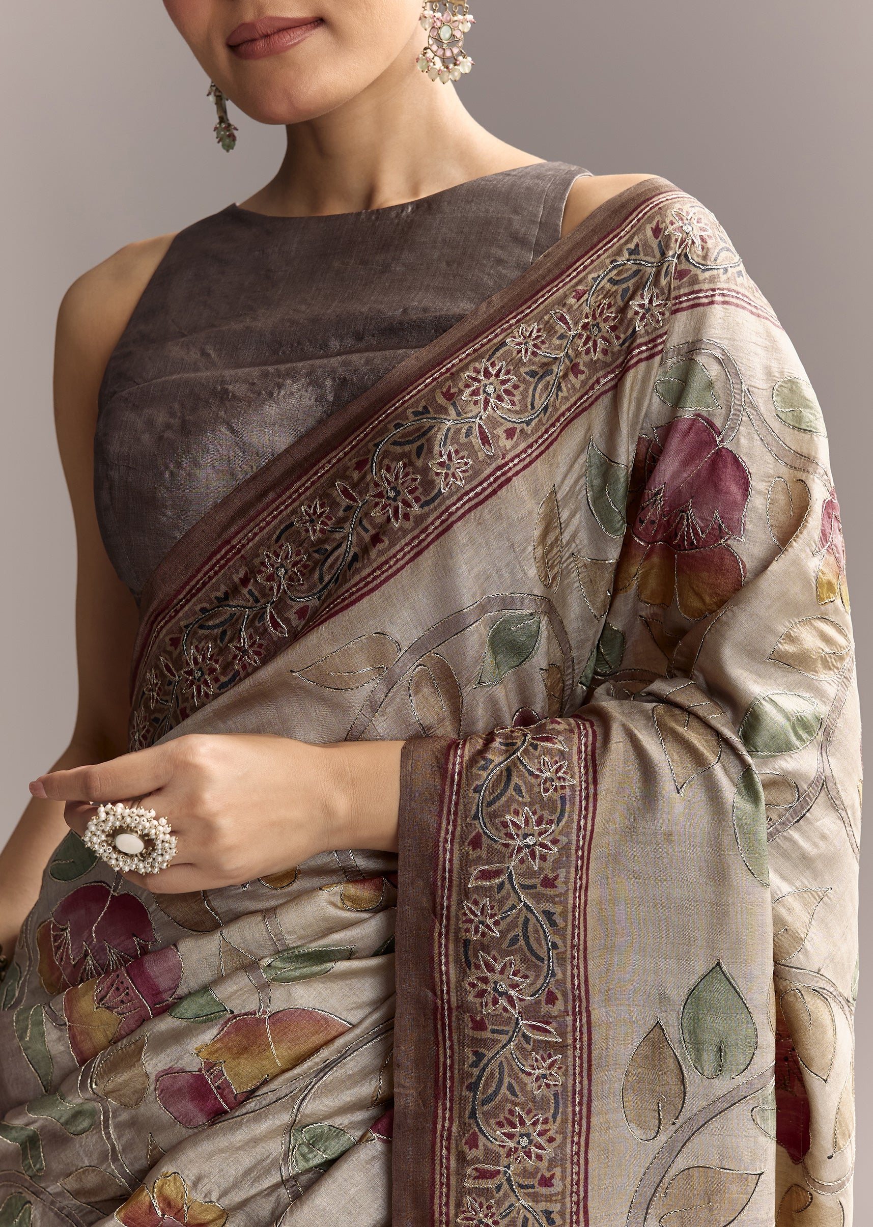 Earthy Grey Artistic Couple Set – Grey Hand-Painted Cotton Saree For Her And Taupe Brown Printed Silk Kurta For Him - Image 2