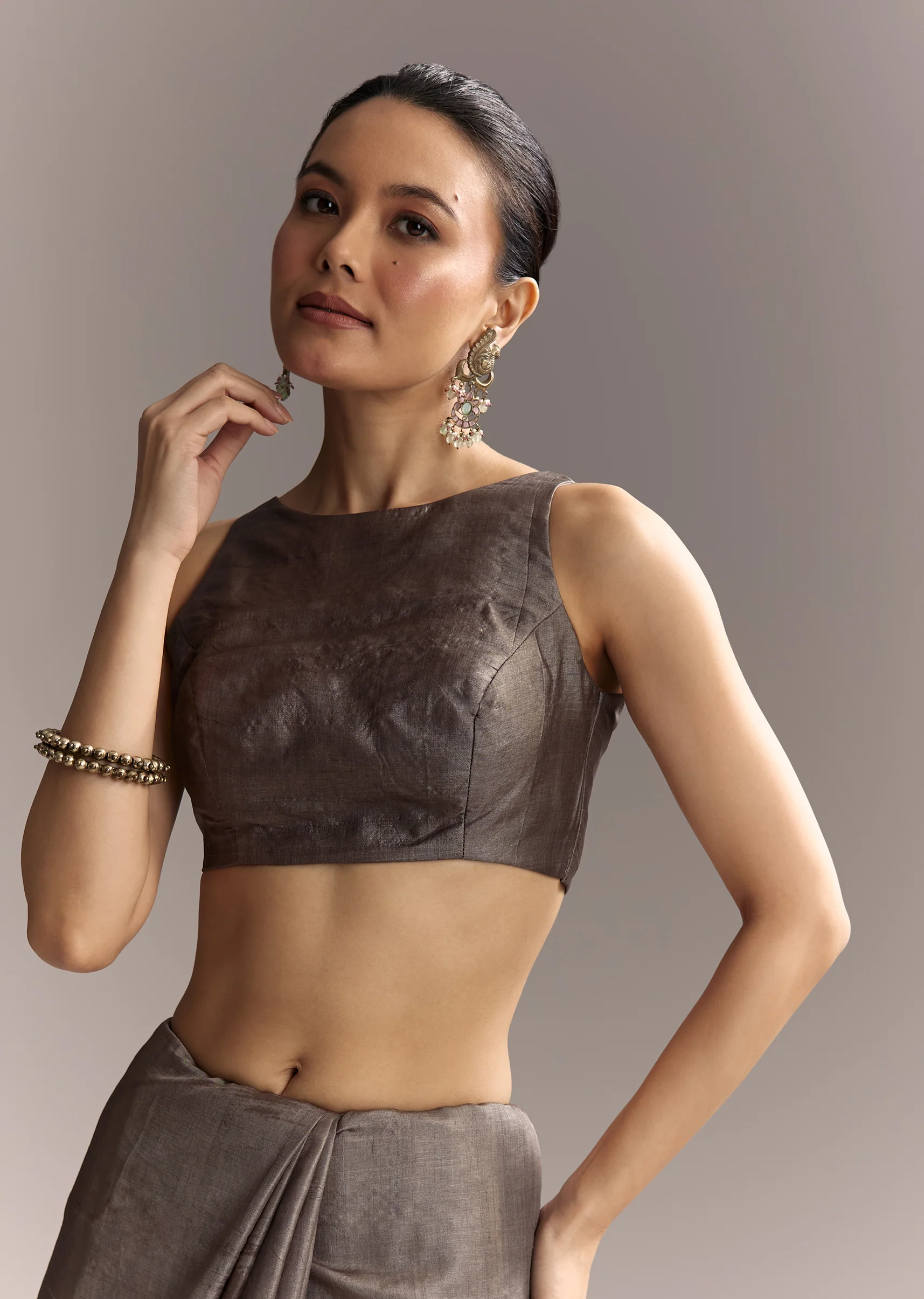Earthy Grey Artistic Couple Set – Grey Hand-Painted Cotton Saree For Her And Taupe Brown Printed Silk Kurta For Him - Image 8