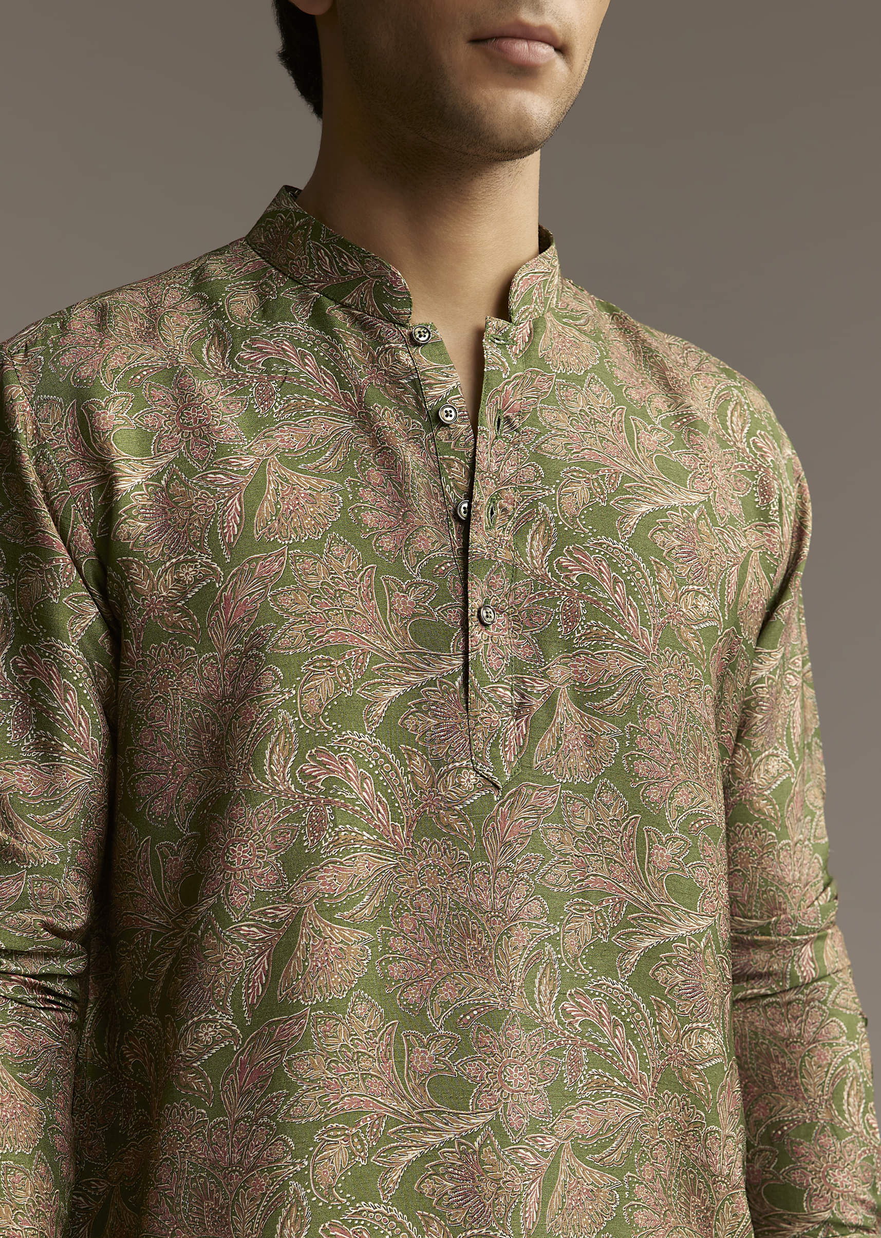 Eathy Brown Silk Designer Kurta For Men With Subtle Floral Vine Print - Image 2