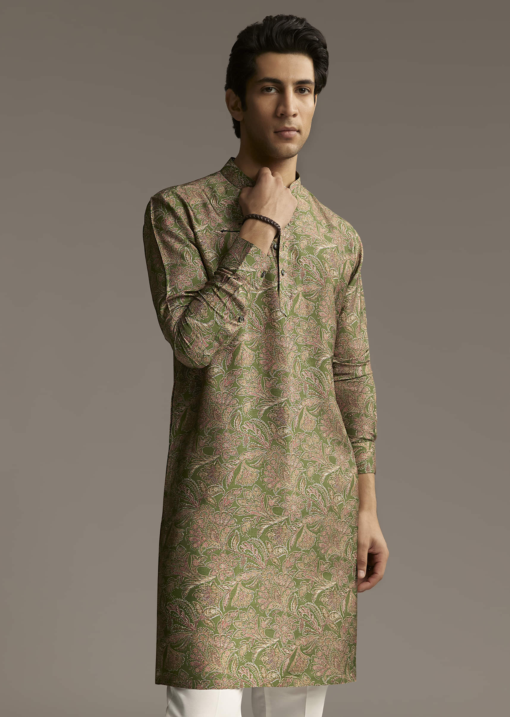 Eathy Brown Silk Designer Kurta For Men With Subtle Floral Vine Print - Image 4