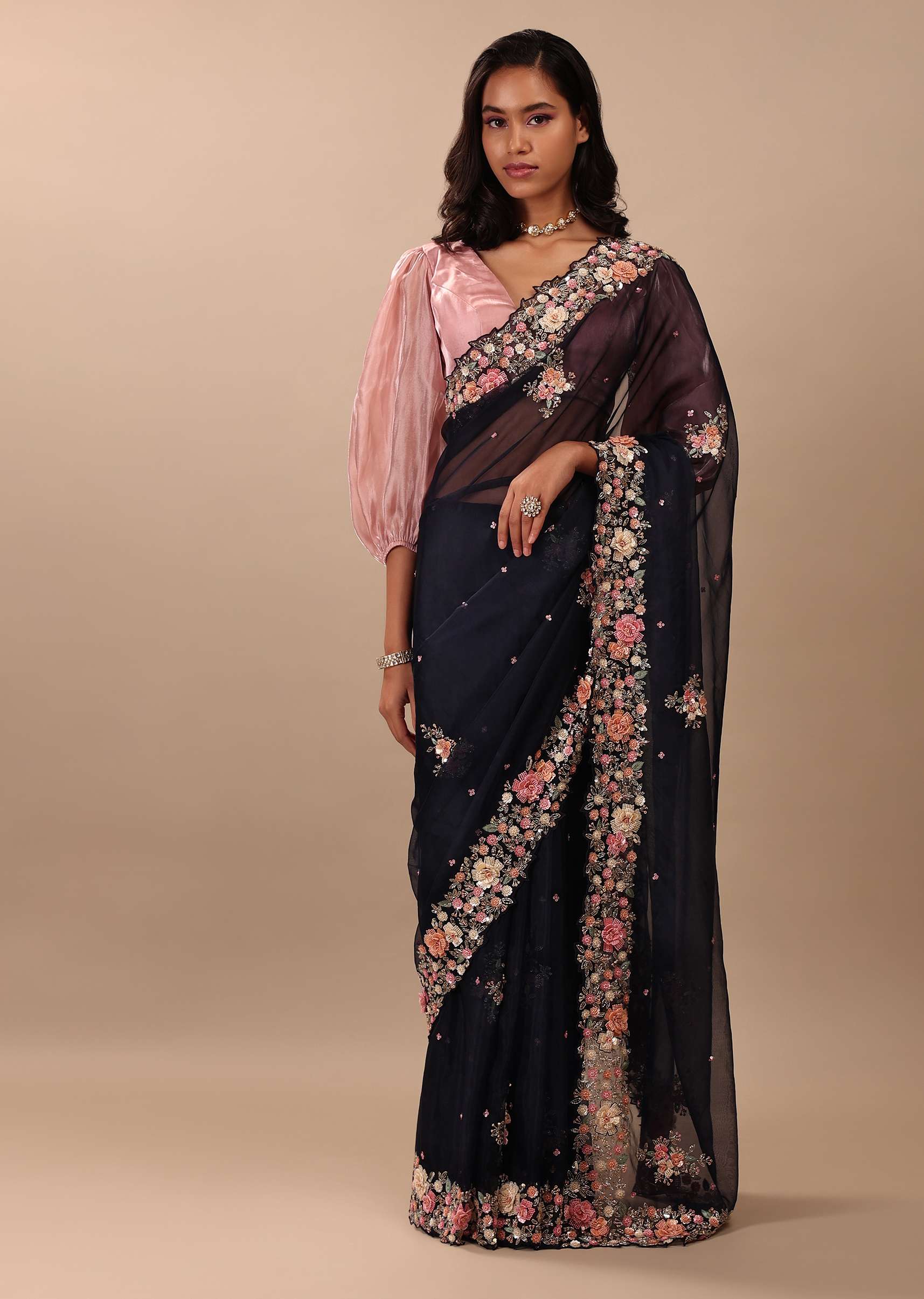 Navy Blue Saree In Organza With 3D Floral Embroidery In Moti, Cut Dana, And Sequins - Image 3