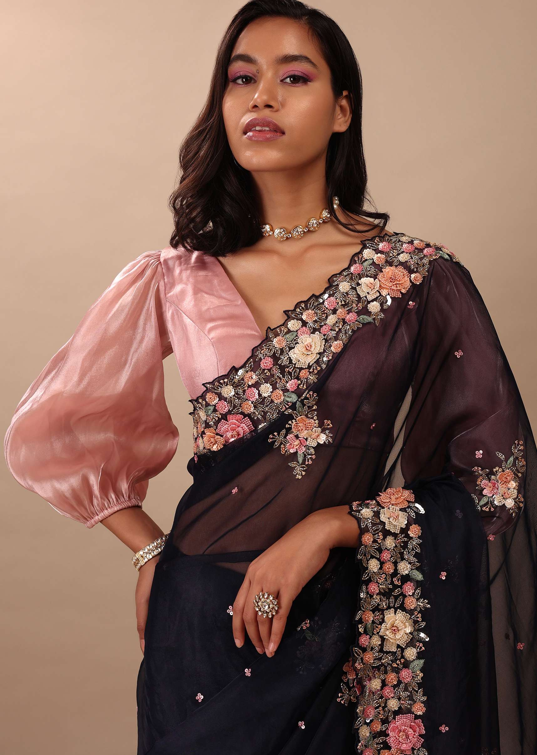 Navy Blue Saree In Organza With 3D Floral Embroidery In Moti, Cut Dana, And Sequins - Image 5