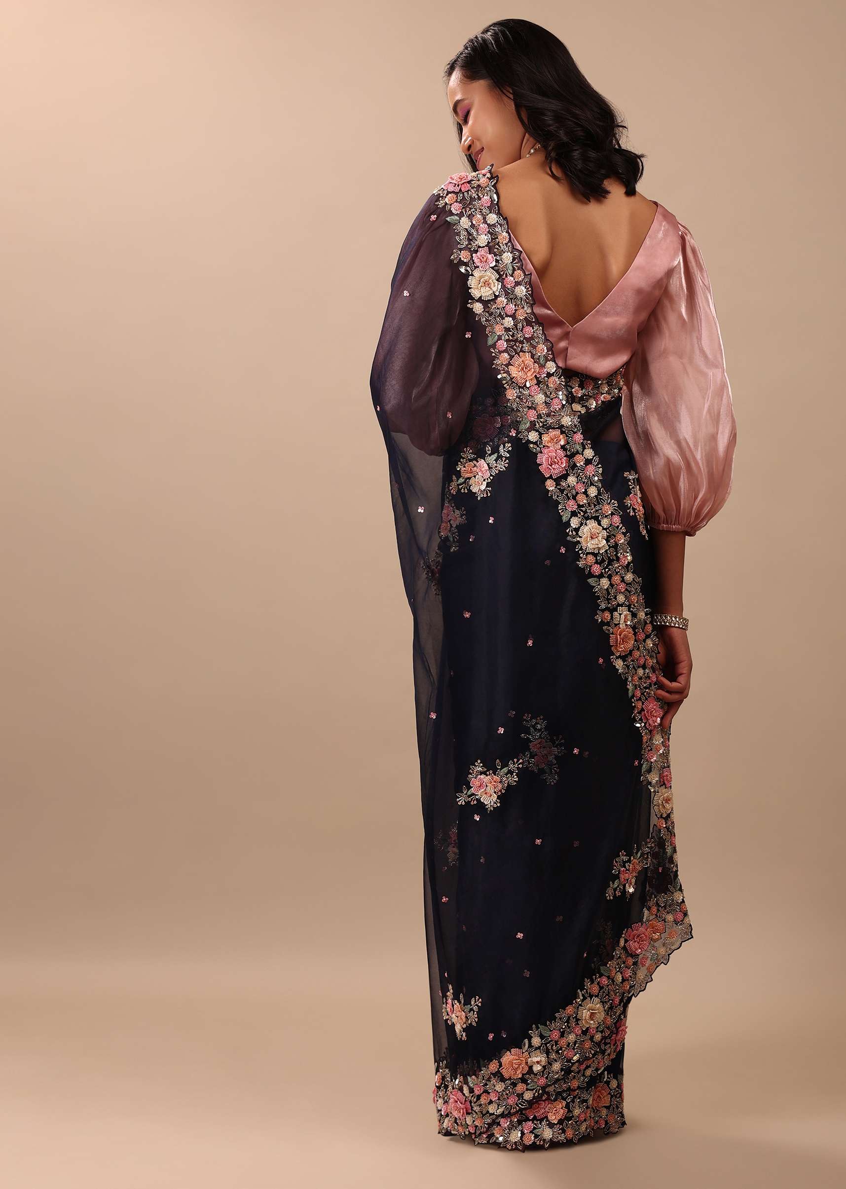 Navy Blue Saree In Organza With 3D Floral Embroidery In Moti, Cut Dana, And Sequins - Image 6