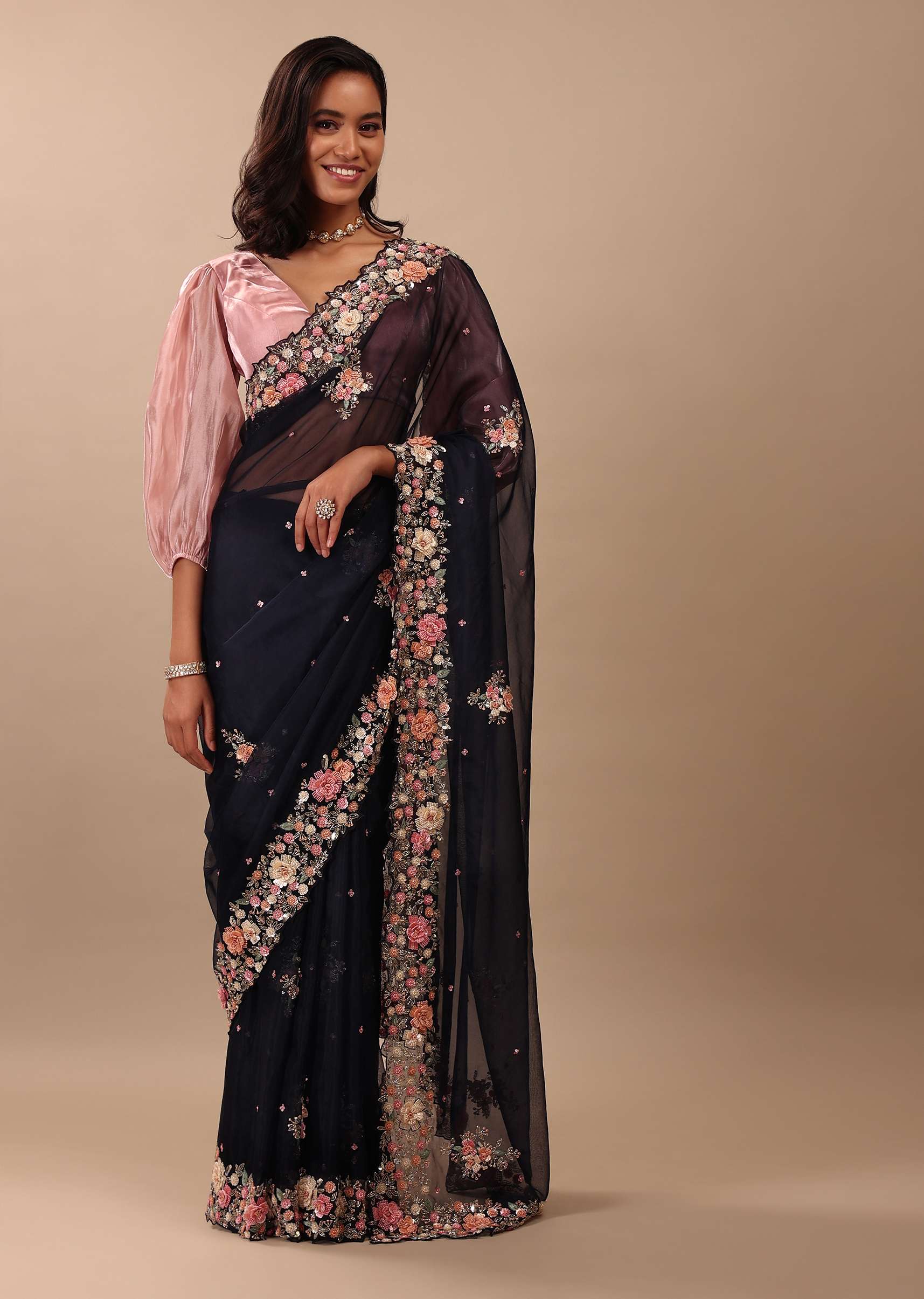 Navy Blue Saree In Organza With 3D Floral Embroidery In Moti, Cut Dana, And Sequins - Image 9